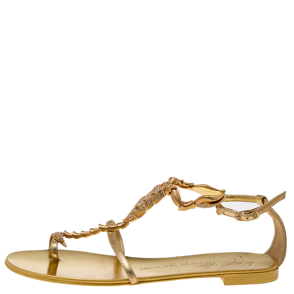 

Gina Gold Leather Crystal Embellished Thong Flats Size