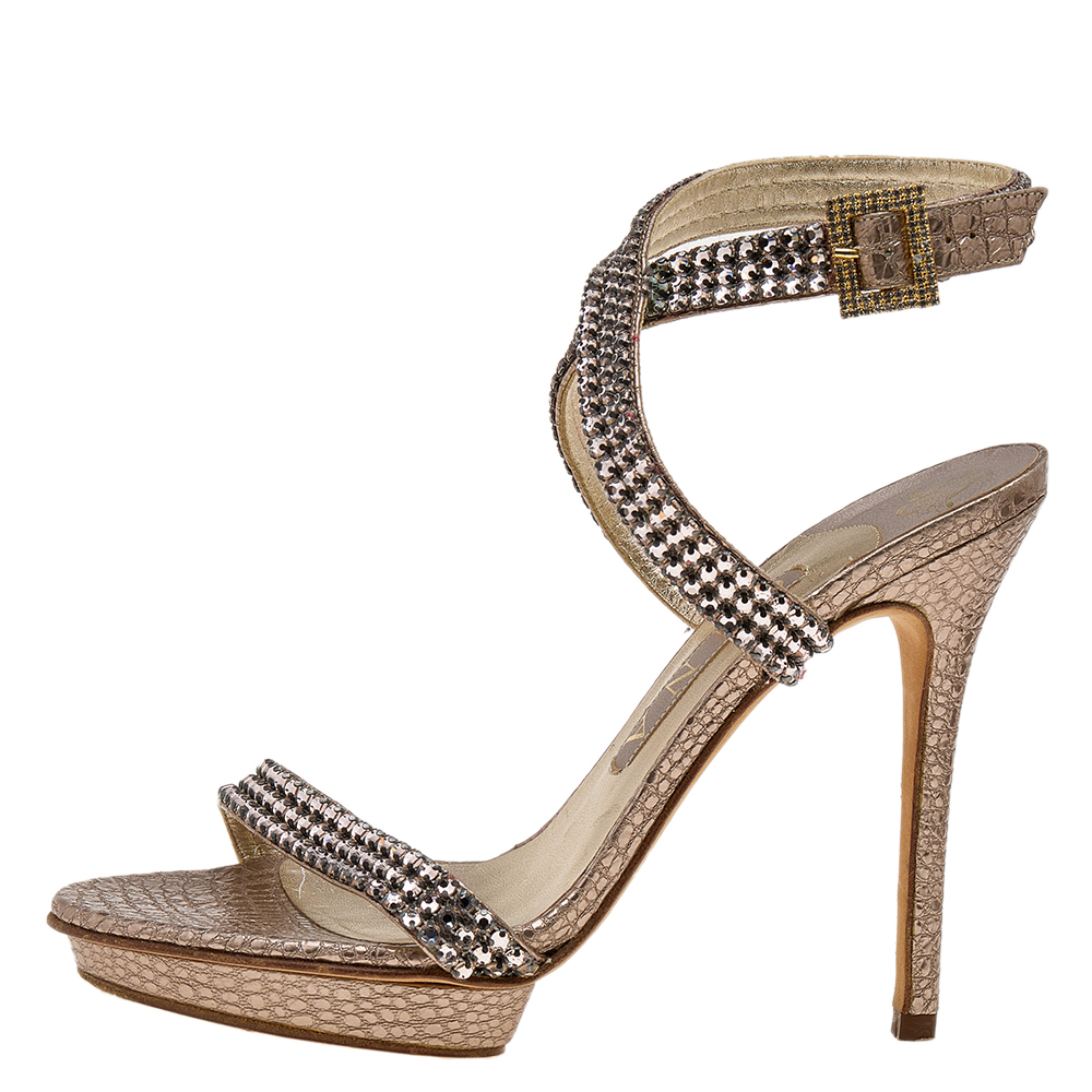 

Gina Gold Leather Crystal Embellished Cross Ankle Strap Sandals Size