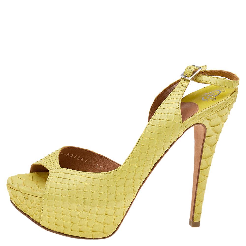 

Gina Yellow Python Leather Peep Toe Platform Slingback Sandals Size