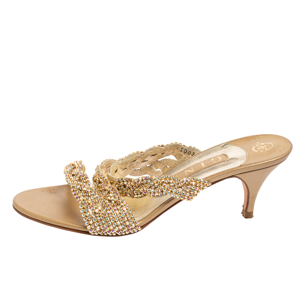 

Gina Gold Crystal Embellished And Leather Slide Sandals Size