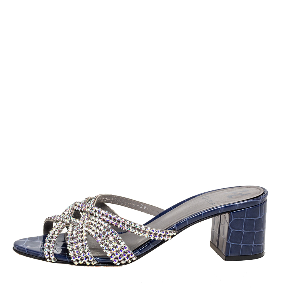 

Gina Navy Blue Crystal Embellished Croc Embossed Patent Leather Slide Sandals Size