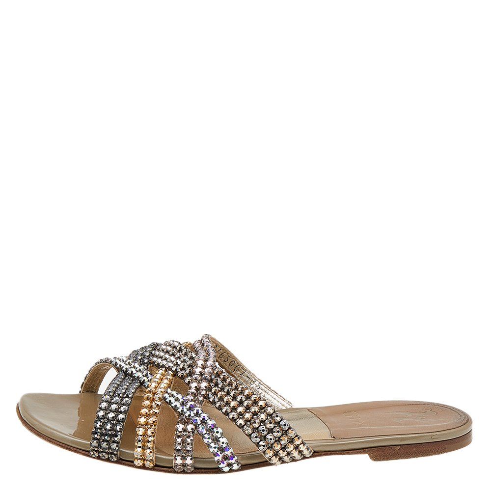 

Gina Multicolor Crystal Embellished Leather Flat Slides Size