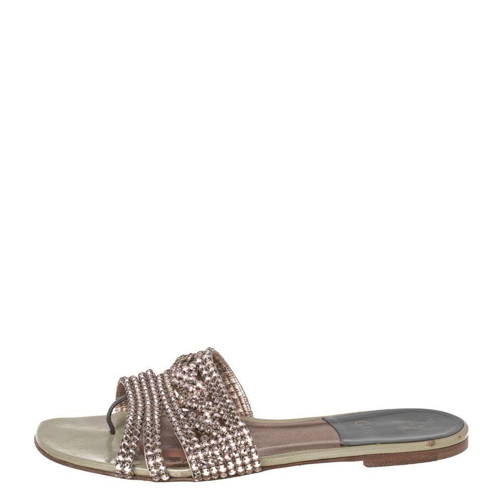 

Gina Green Patent Crystal Embellished Flat Sandals Size