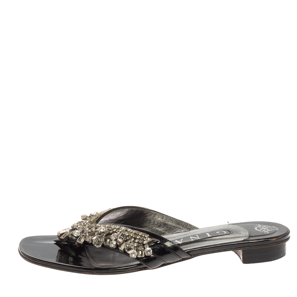 

Gina Black Patent Leather Crystal Embellished Slide Sandals Size