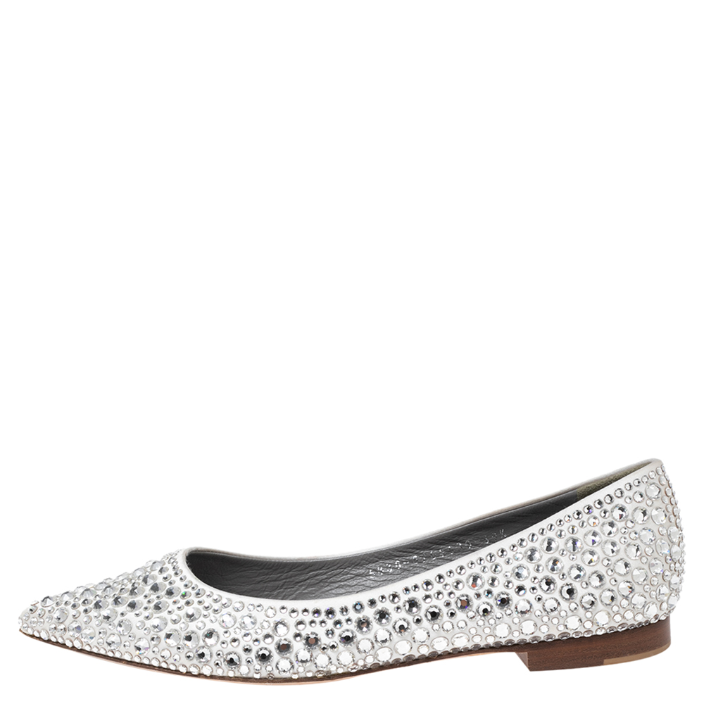 

Gina White/Silver Crystal Embellished Satin Ballet Flats Size