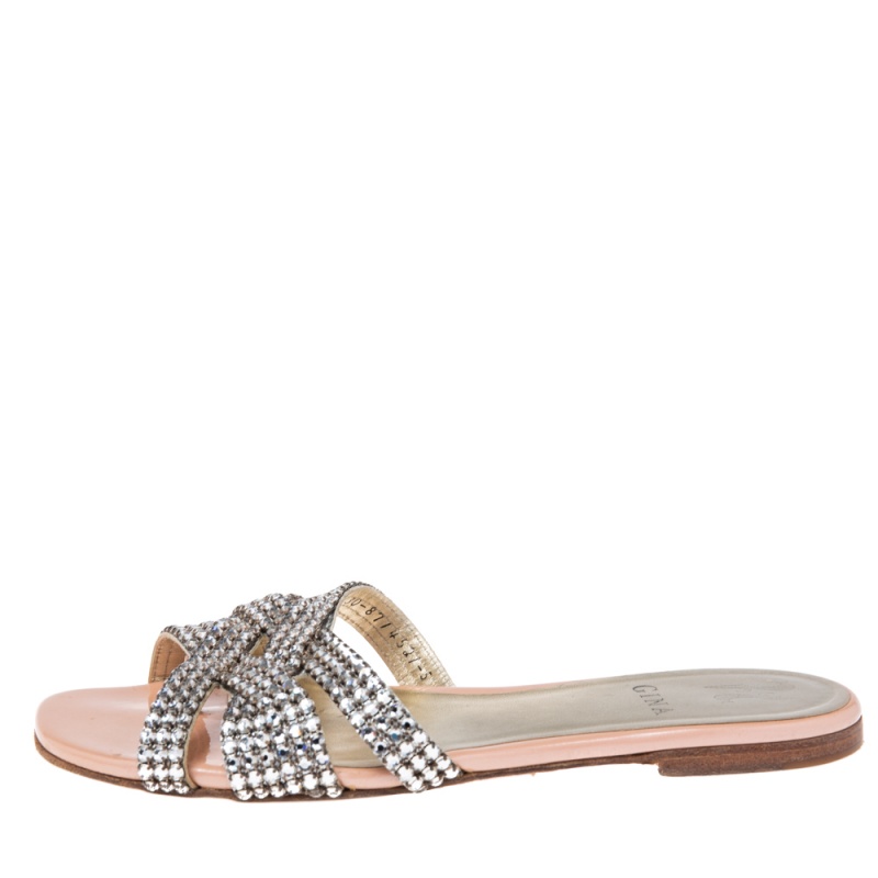

Gina Beige Patent Crystal Embellished Slip On Slides Size