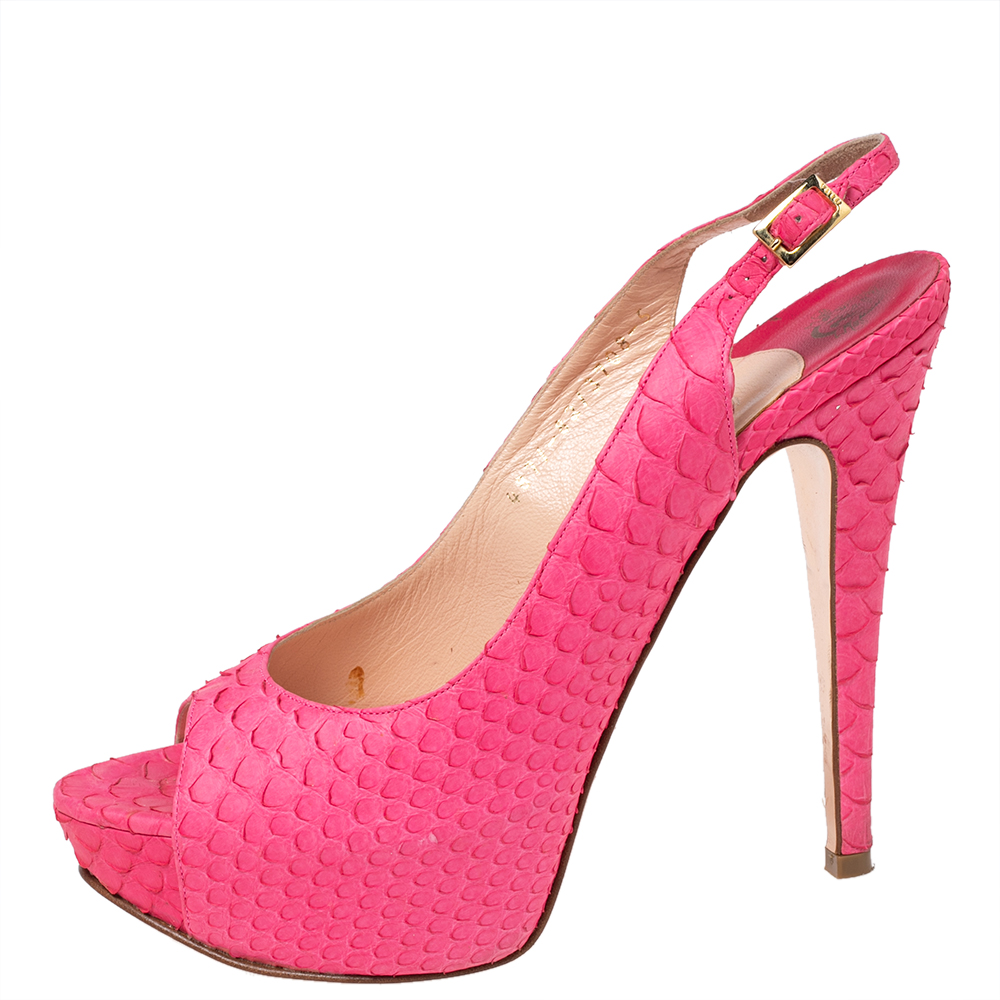 

Gina Pink Python Leather Peep Toe Slingback Pumps Size