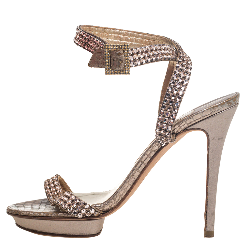 

Gina Metallic Bronze Croc Embossed Leather Embellished Ankle Strap Sandals Size