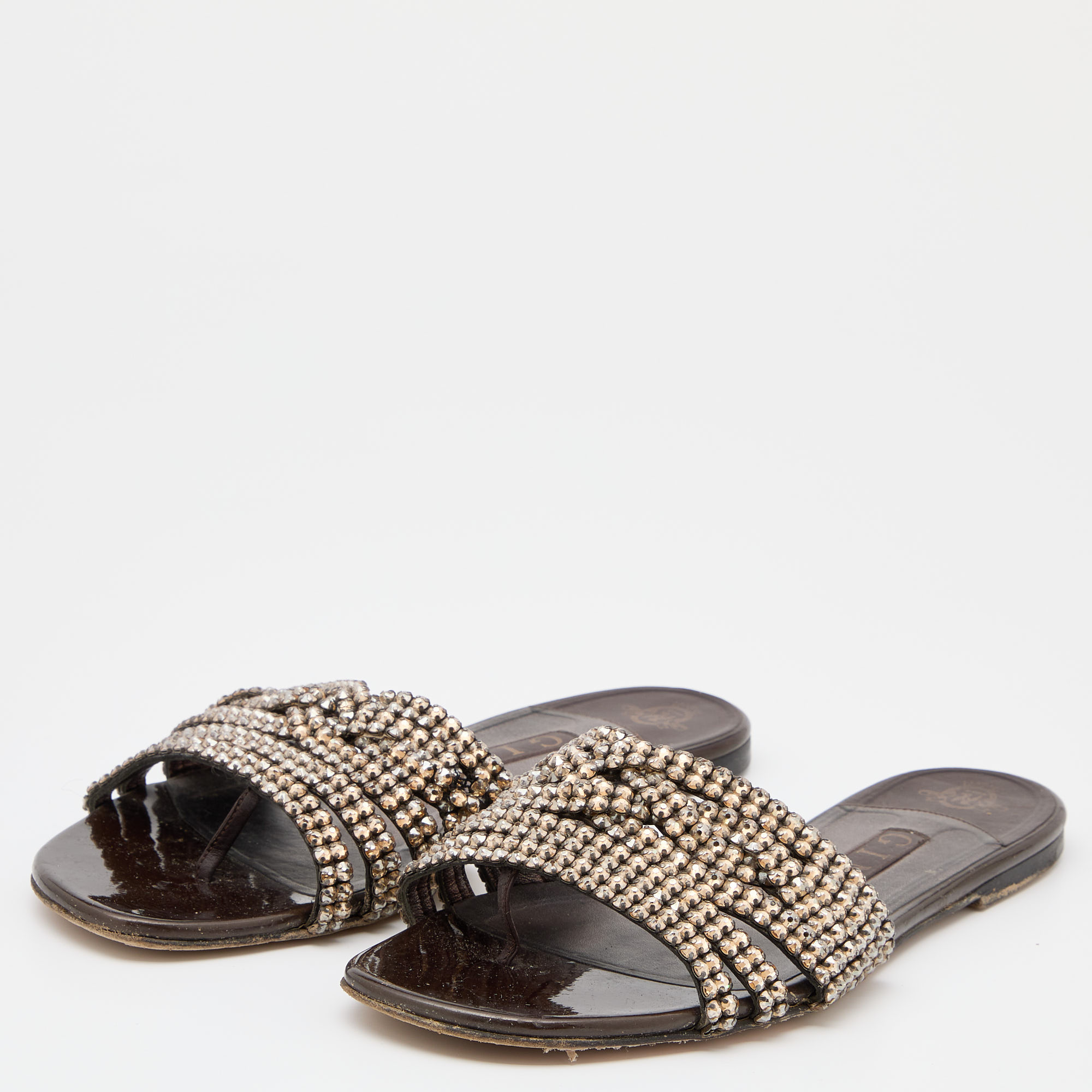 

Gina Brown Leather Crystal Embellished Flat Sandals Size