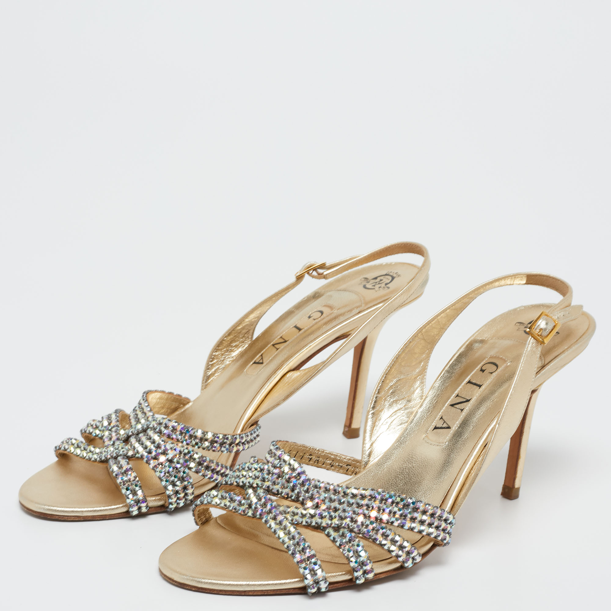 

Gina Gold Leather Crystal Embellished Slingback Sandals Size