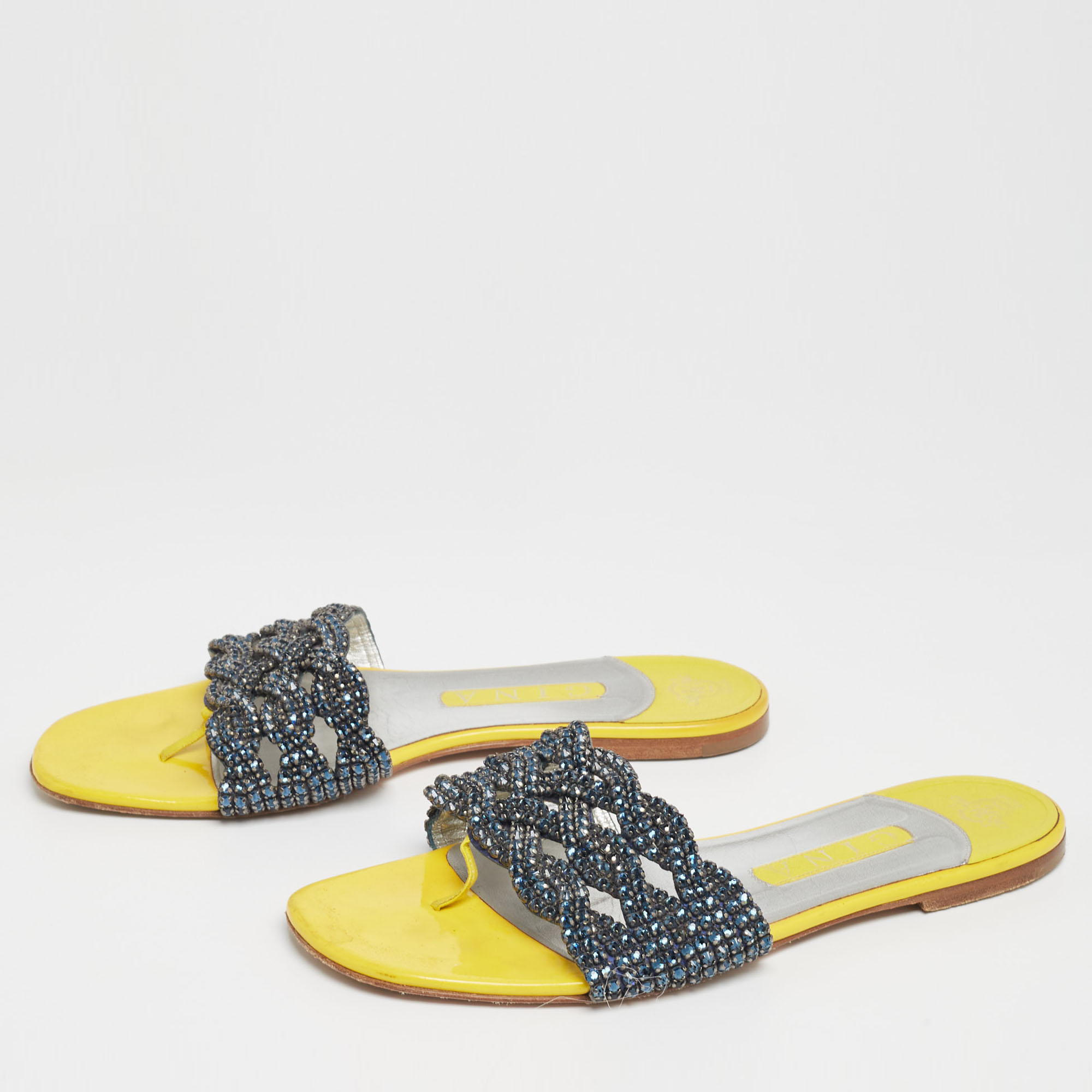 

Gina Yellow Patent Crystal Embellished Flat Sandals Size