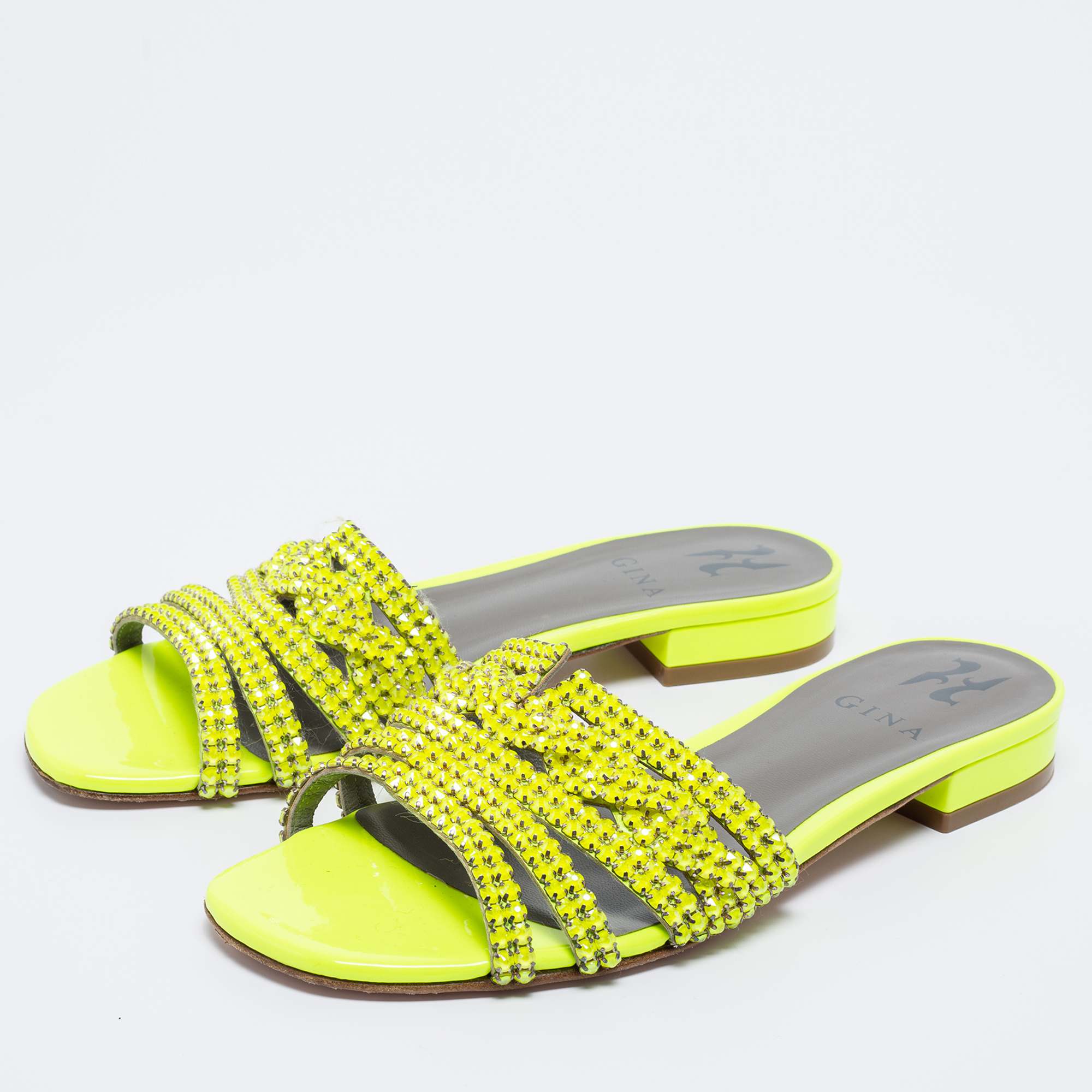 

Gina Green Patent Crystal Embellished Slip On Slides Size