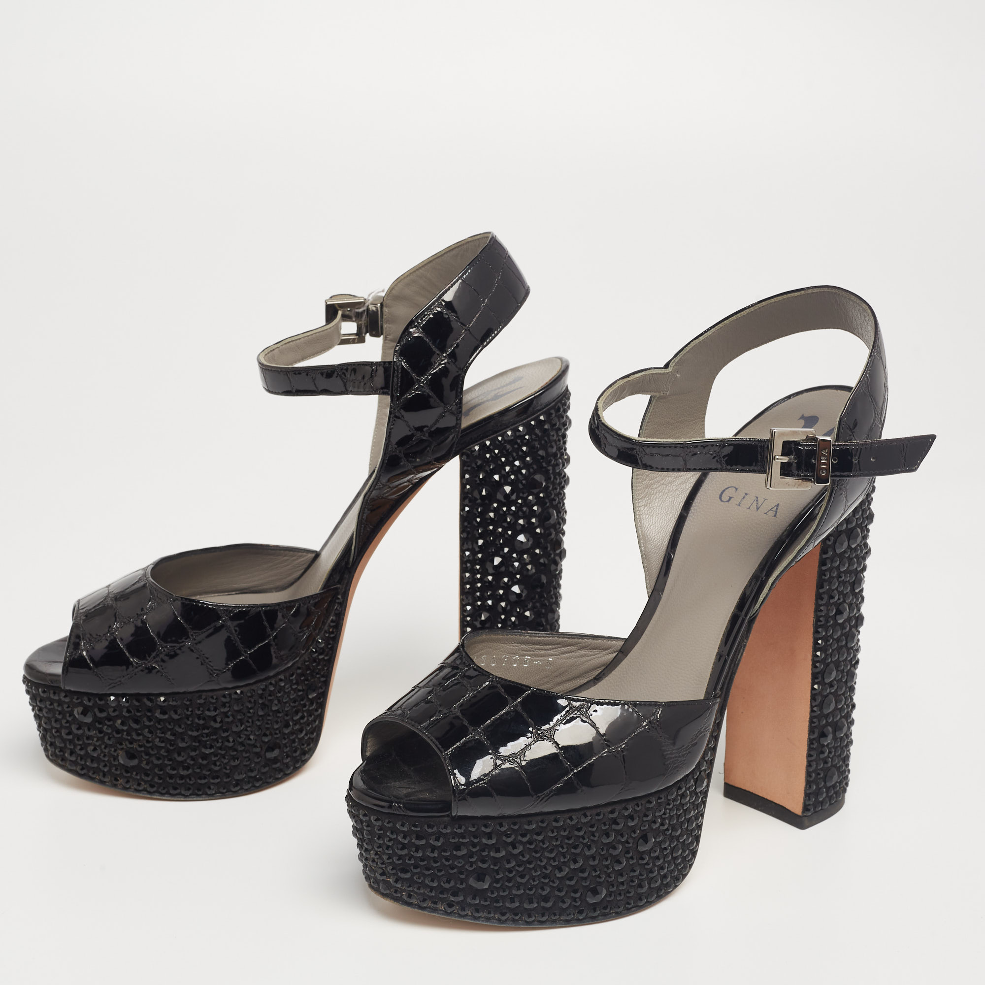 

Gina Black Croc Embossed Patent Leather Crystal Block Heel Sandals Size