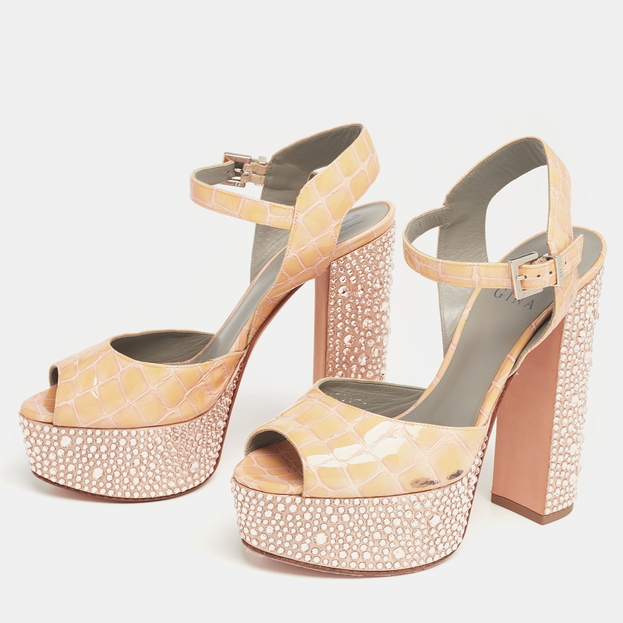 

Gina Beige Croc Embossed Leather Crystal Embellished Platform Ankle-Strap Sandals Size