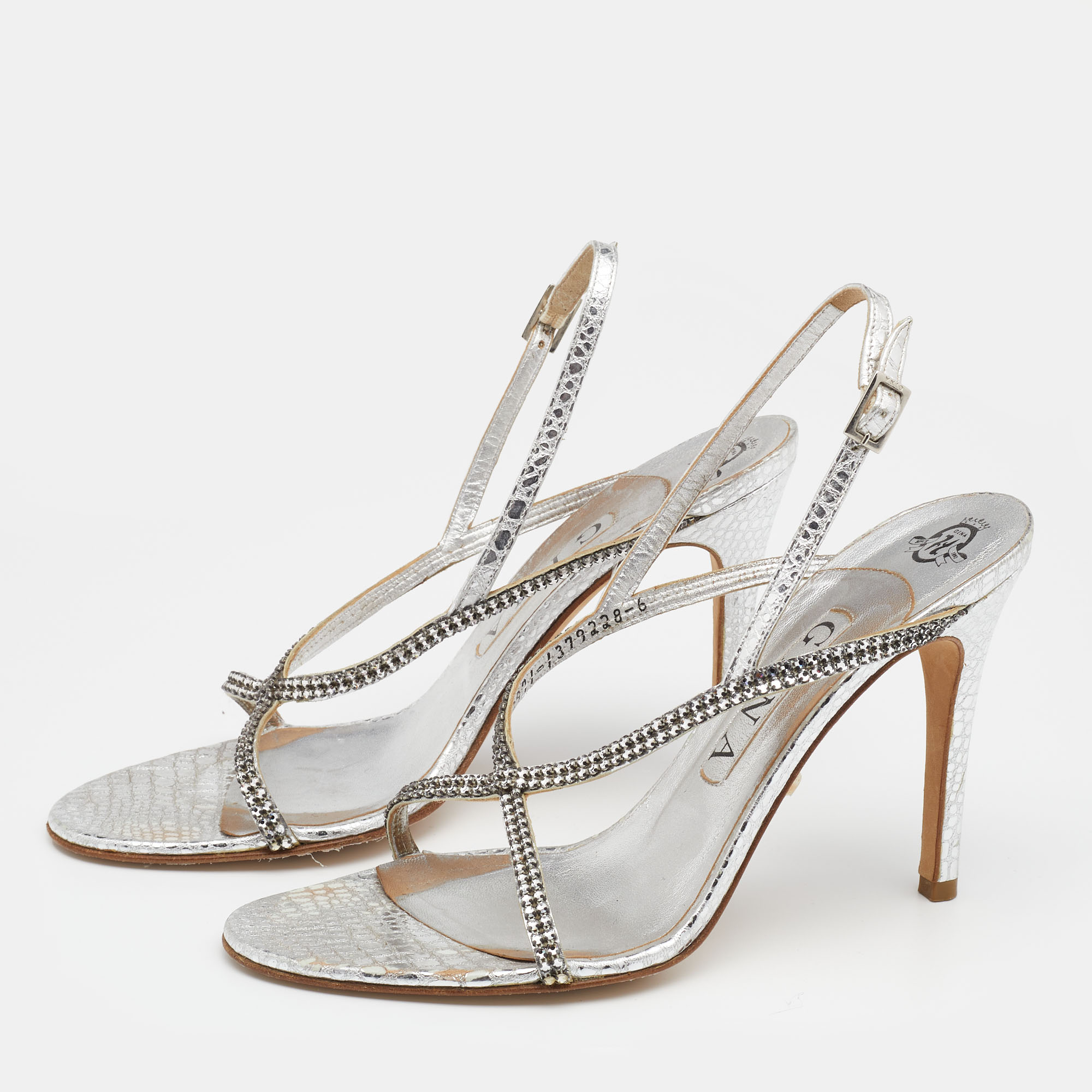 

Gina Metallic Silver Embossed Leather Astor Cross Ankle Strap Sandals Size