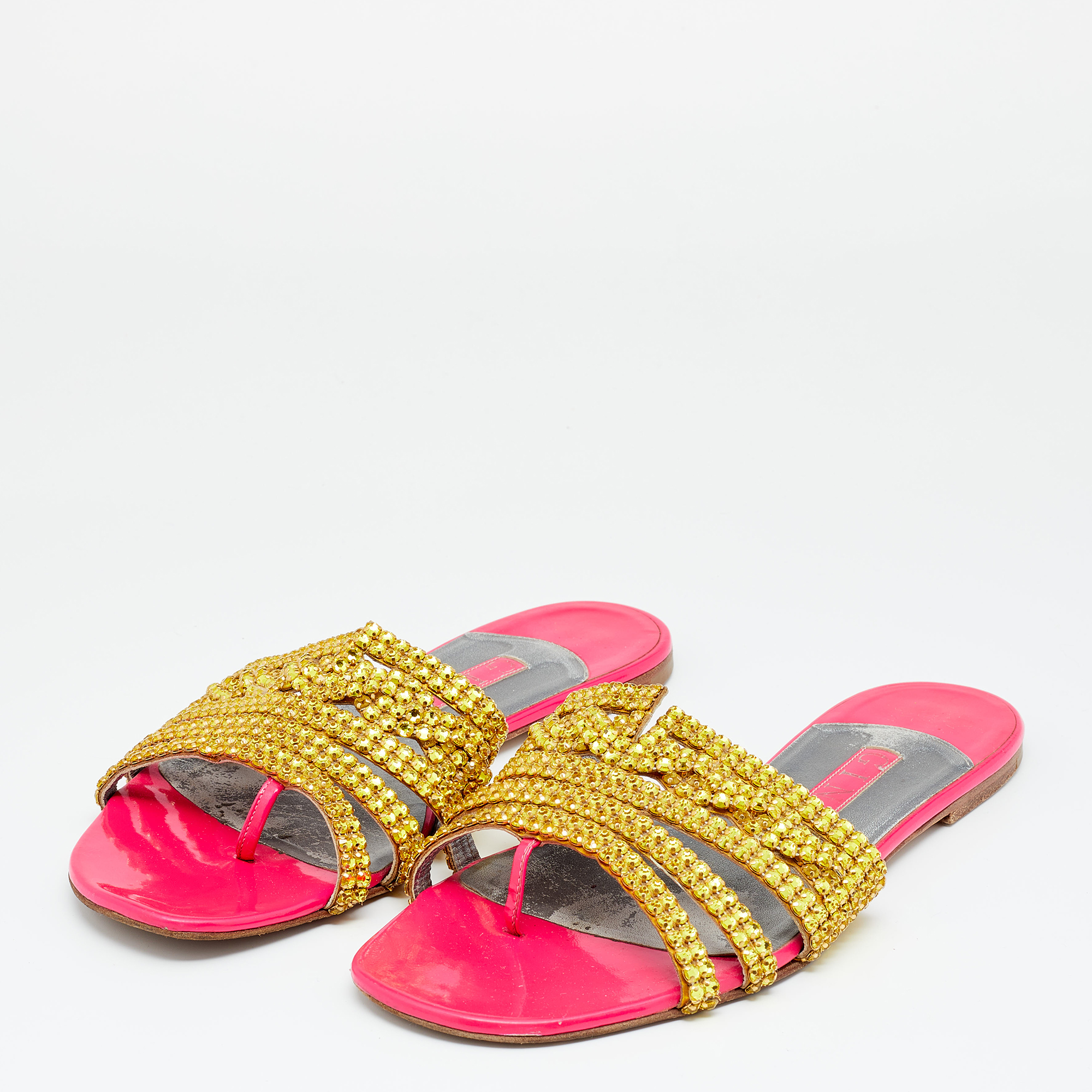 

Gina Gold/Pink Crystals Embellished Leather Thong Flat Slides Size