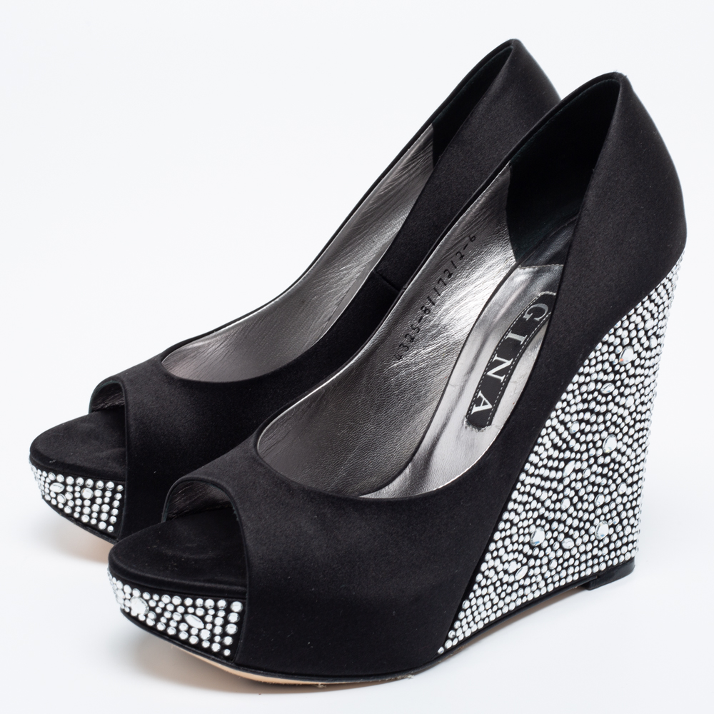 

Gina Black Satin Belle Crystal Embellished Wedge Peep-Toe Pumps Size