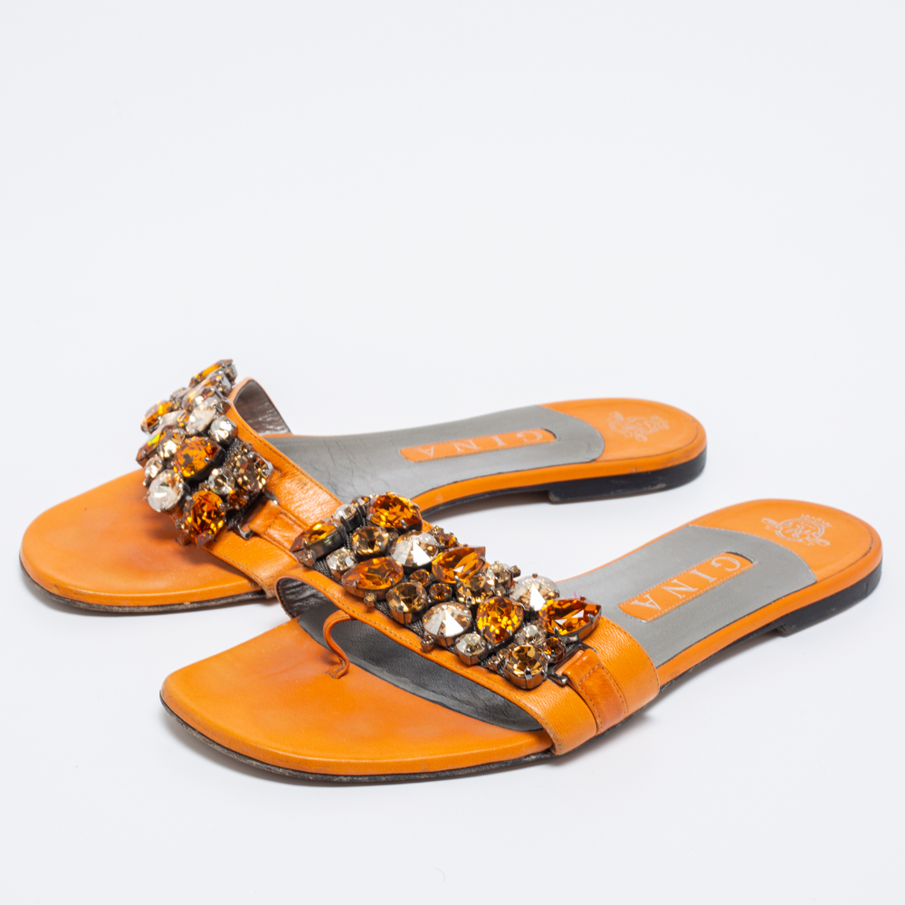

Gina Orange Leather Crystal Embellished Flat Sandals Size