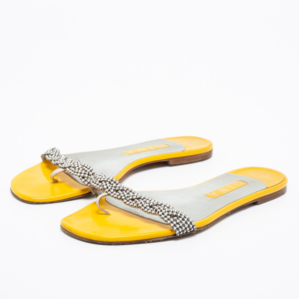 

Gina Yellow Patent Crystal Embellished Flat Sandals Size