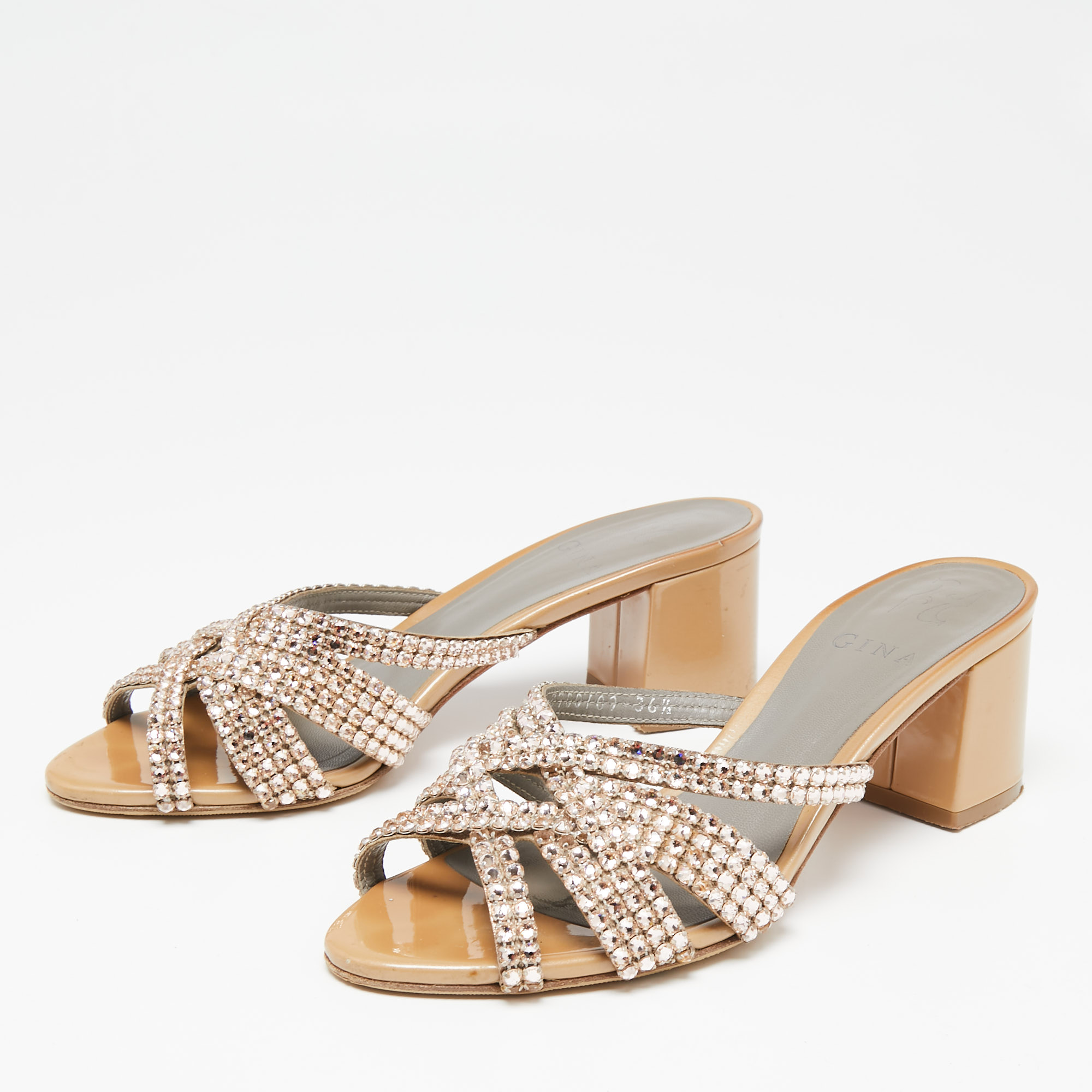 

Gina Beige Crystals Embellished Leather Slide Sandals Size