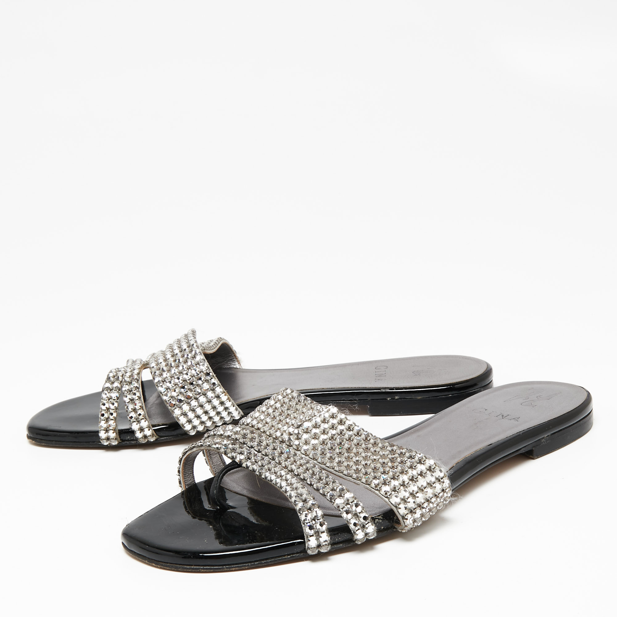 

Gina Silver/Black Crystal Embellished Leather Loren Flat Slides Size