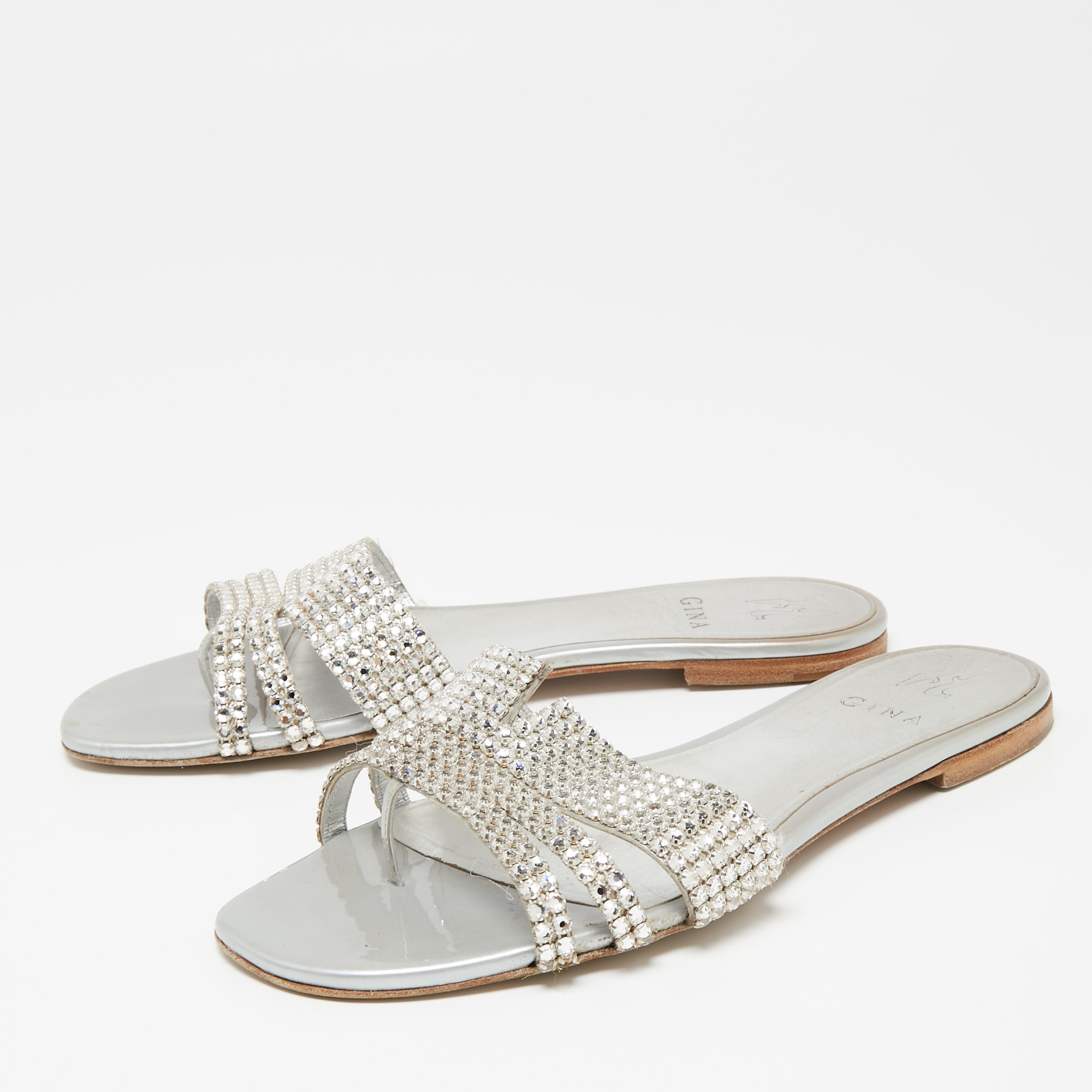 

Gina Silver Crystal Embellished Leather Flat Slides Size