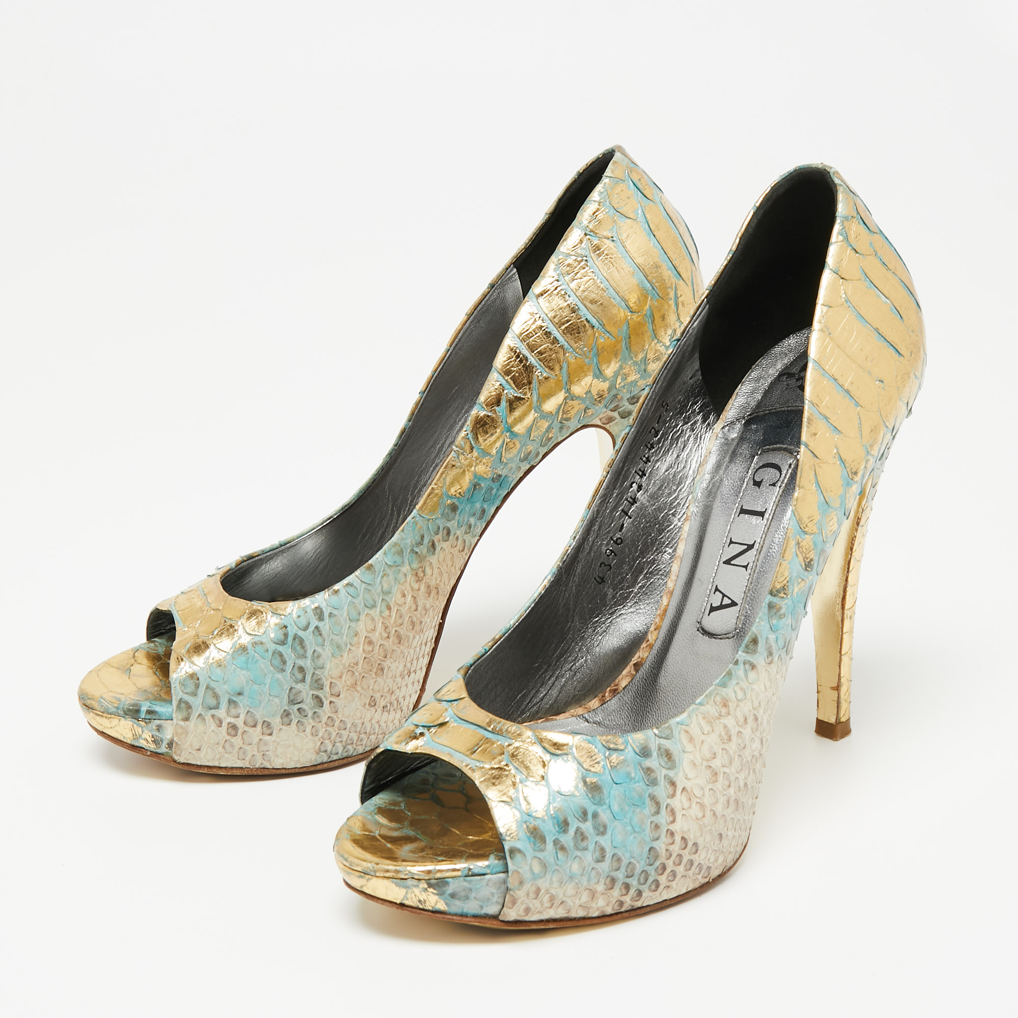 

Gina Tri-Color Python Leather Open-Toe Platform Pumps Size, Blue