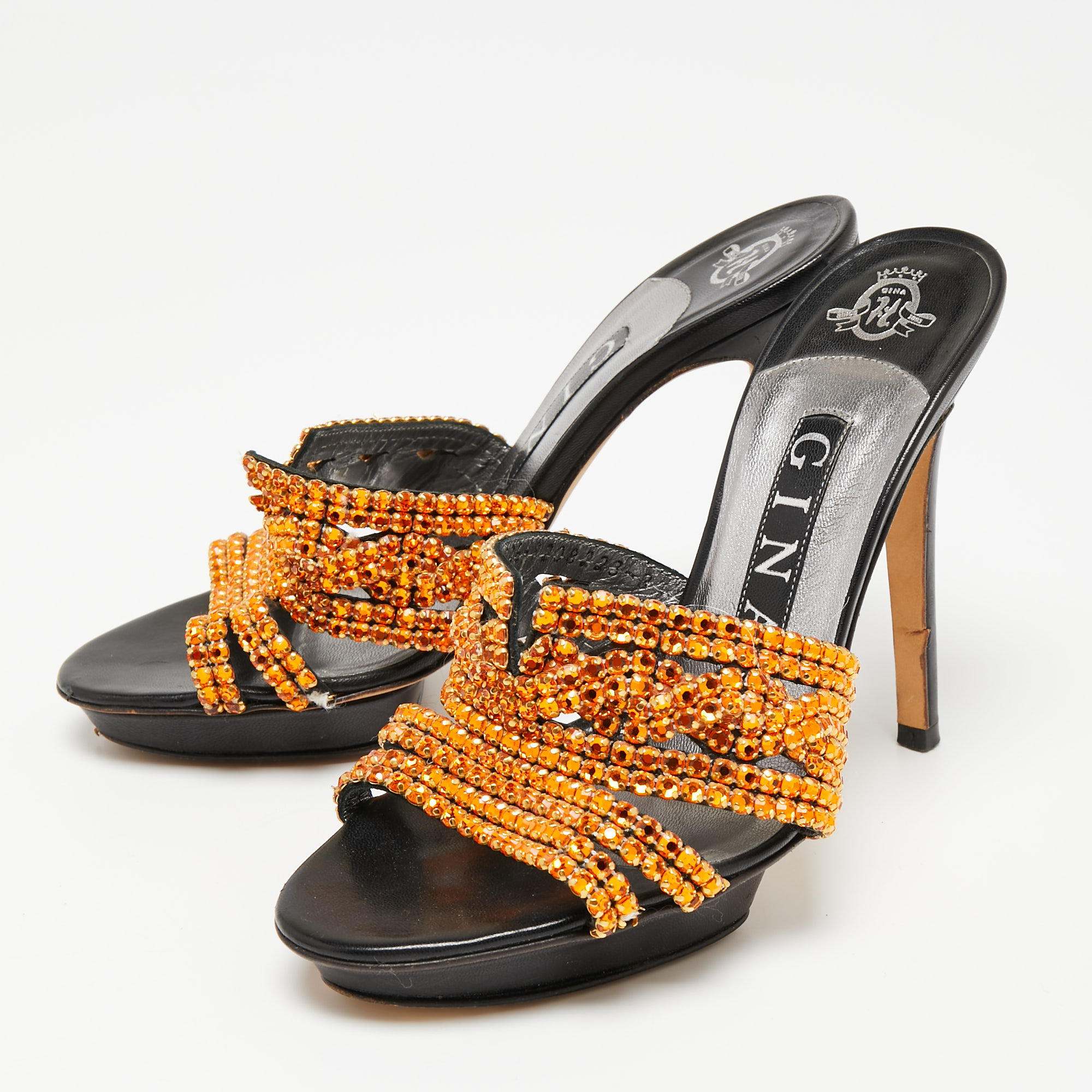 

Gina Orange Crystal Embellished Leather Platform Slide Sandals Size