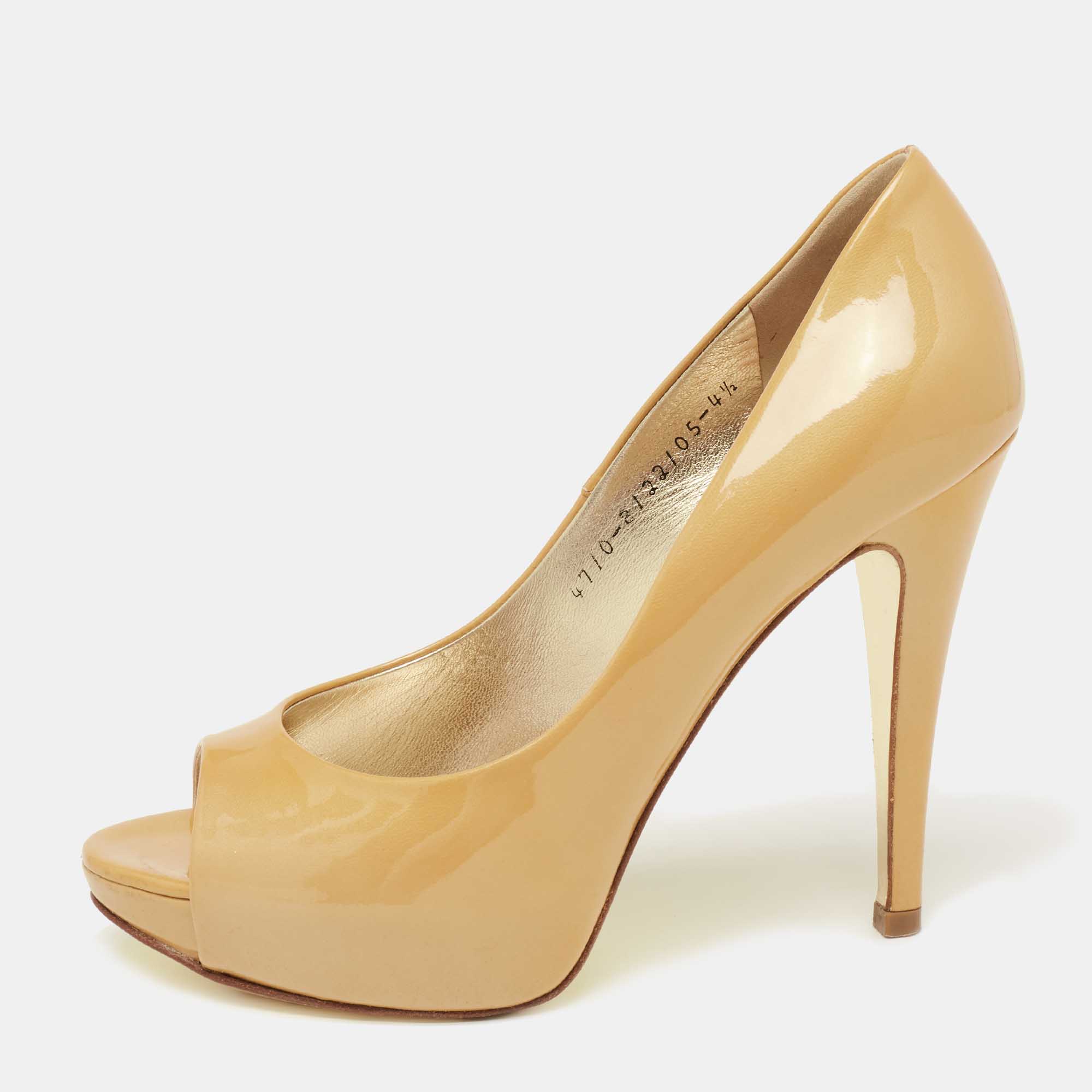 

Gina Mustard Yellow Patent Leather Peep-Toe Pumps Size 37.5