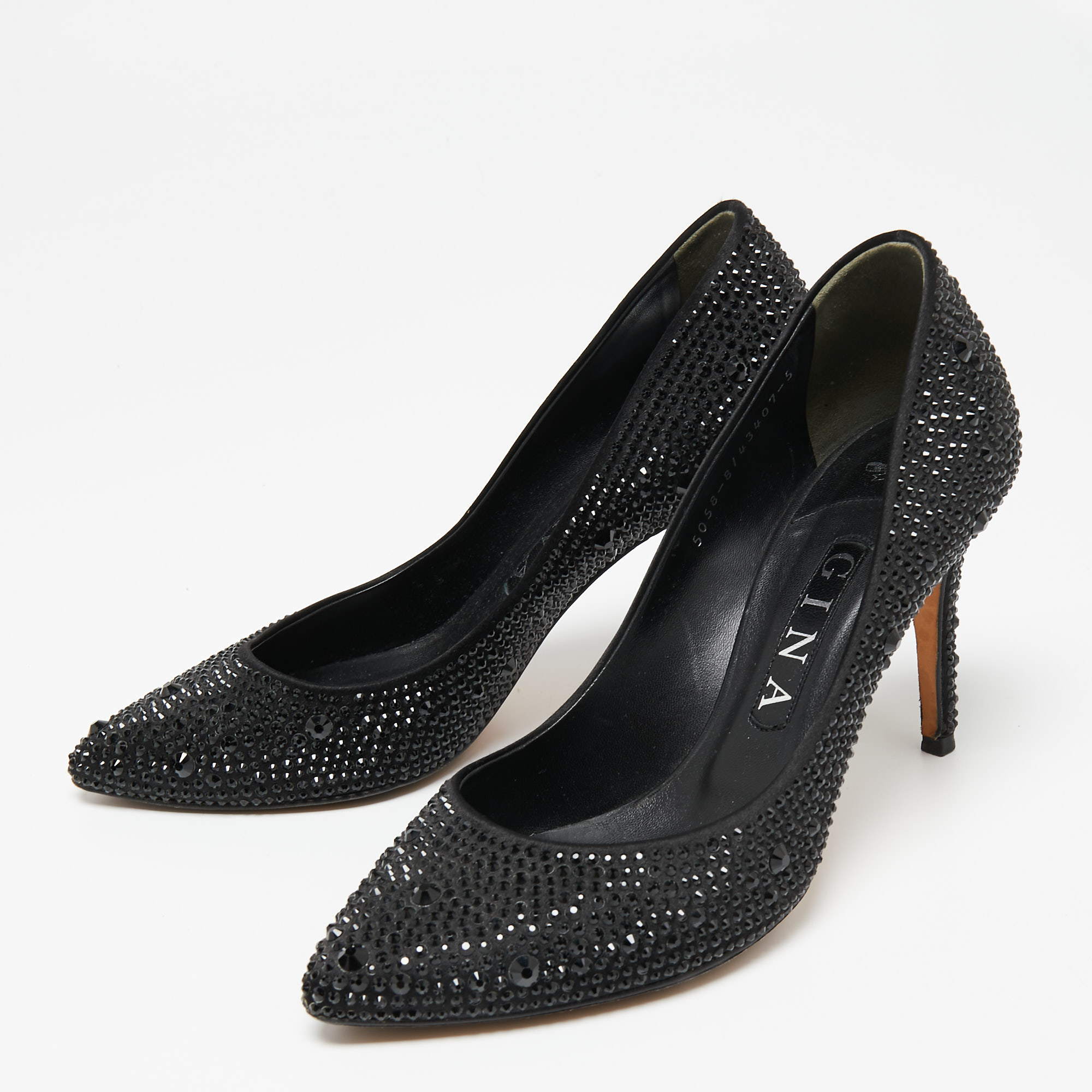 

Gina Black Crystal Embellished Satin Anais Pumps Size