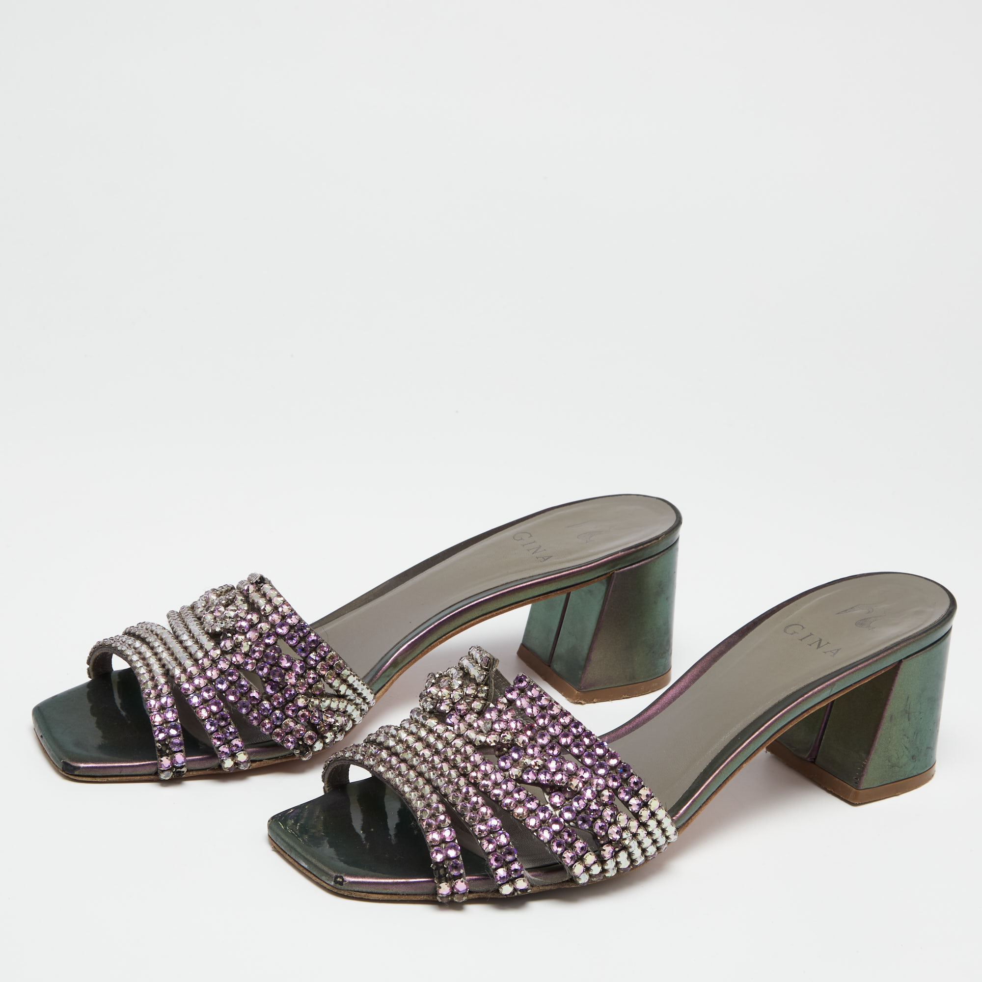 

Gina Green Crystal Embellished Patent Block Heel Slide Sandals Size