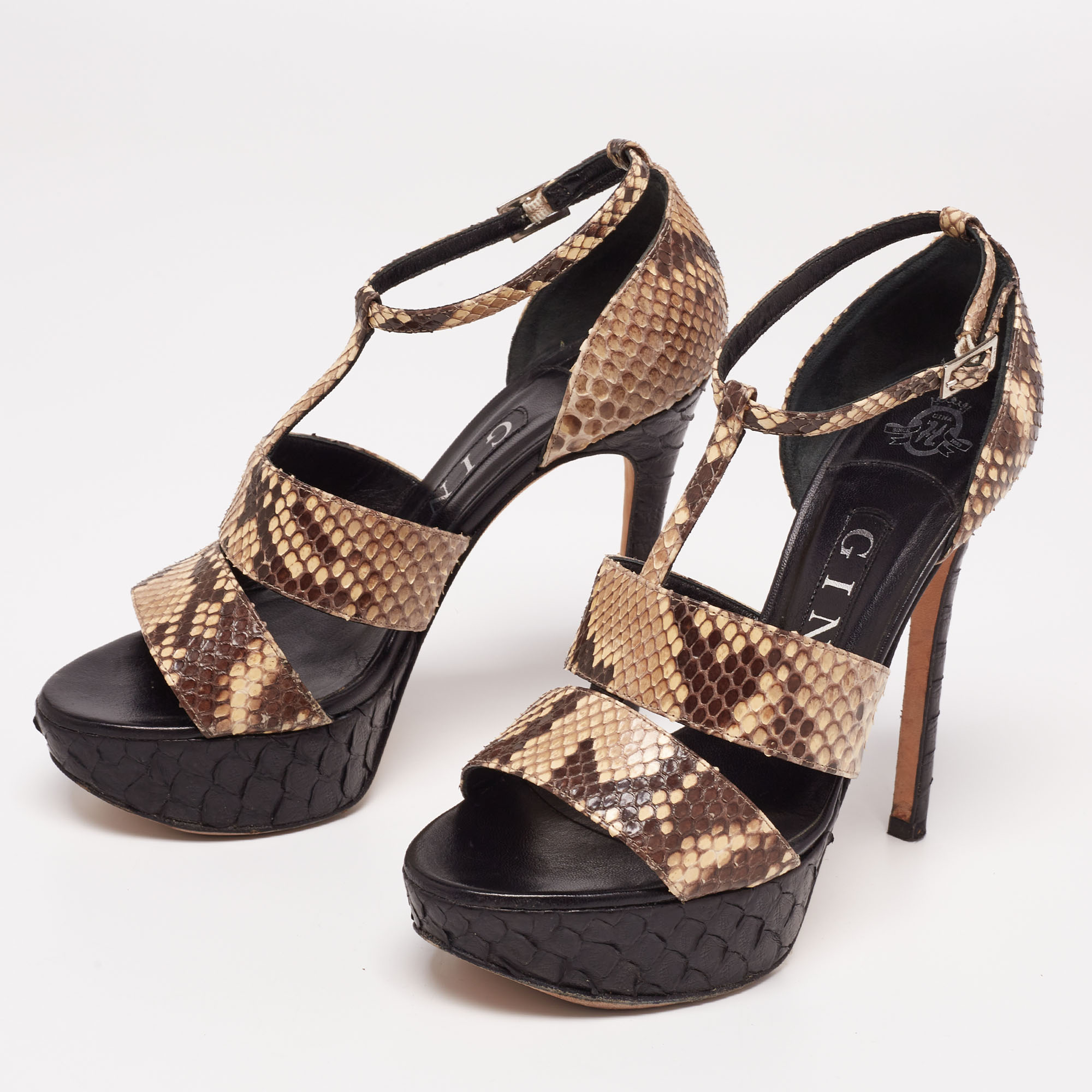 

Gina Cream/Black Python T Strap Platform Sandals Size