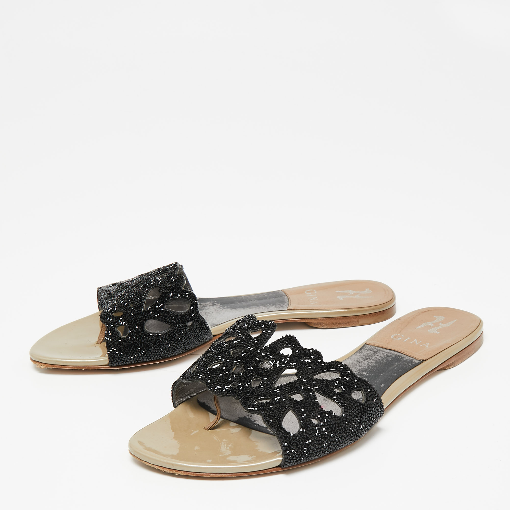 

Gina Black Crystal Letitia Cut Out Flat Slides Size