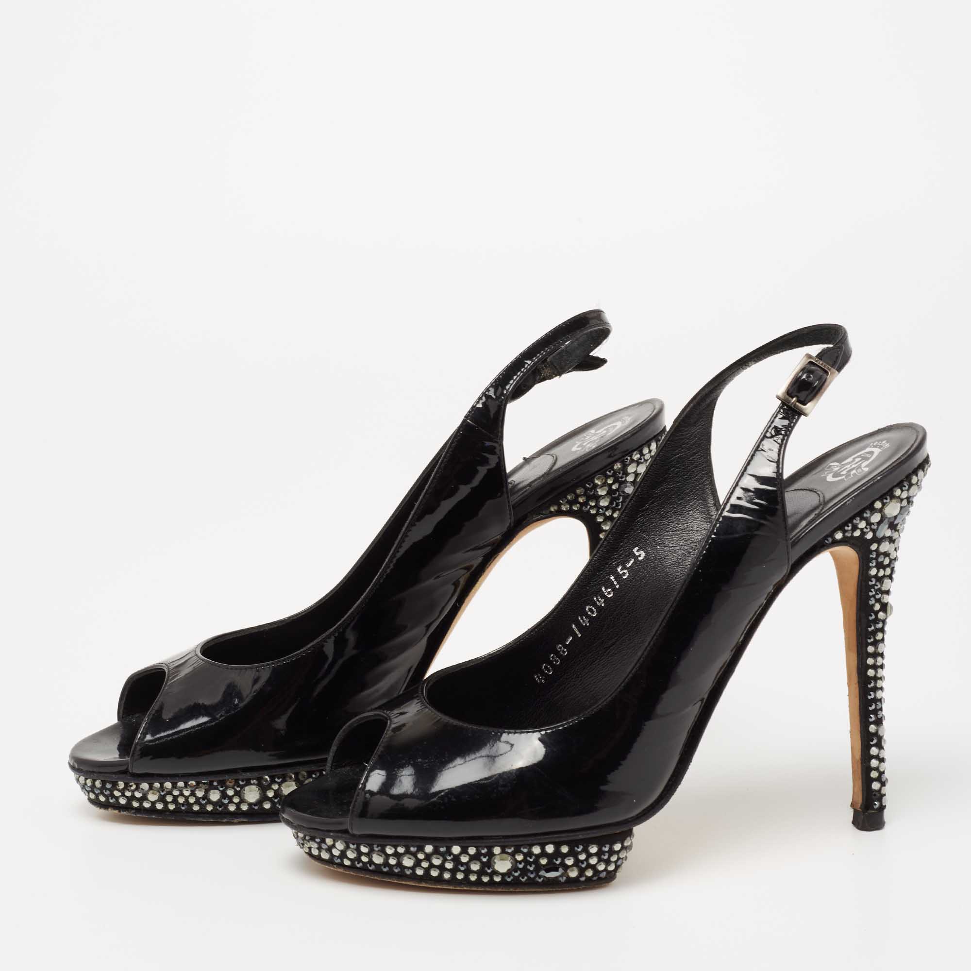 

Gina Black Patent Leather Crystal Embellished Platform Peep Toe Slingback Sandals Size