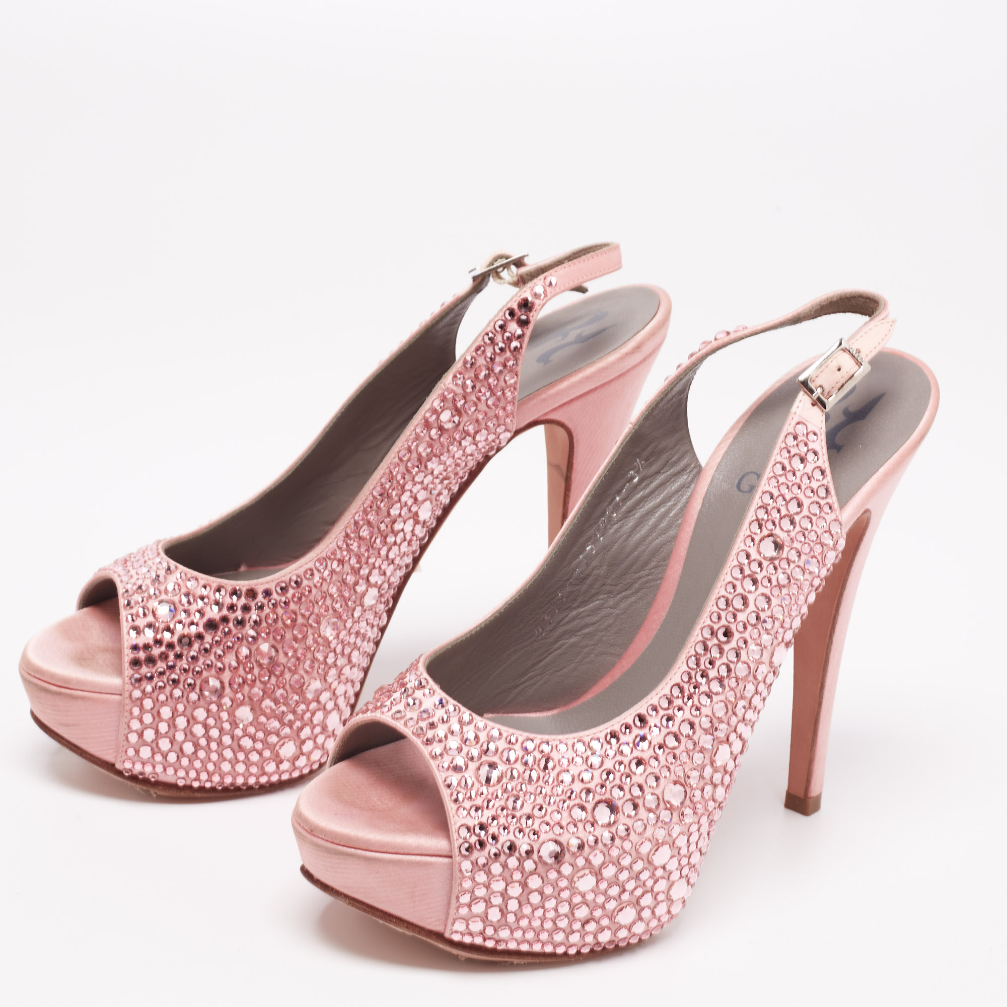 

Gina Pink Satin Crystal Embellished Platform Slingback Sandals Size