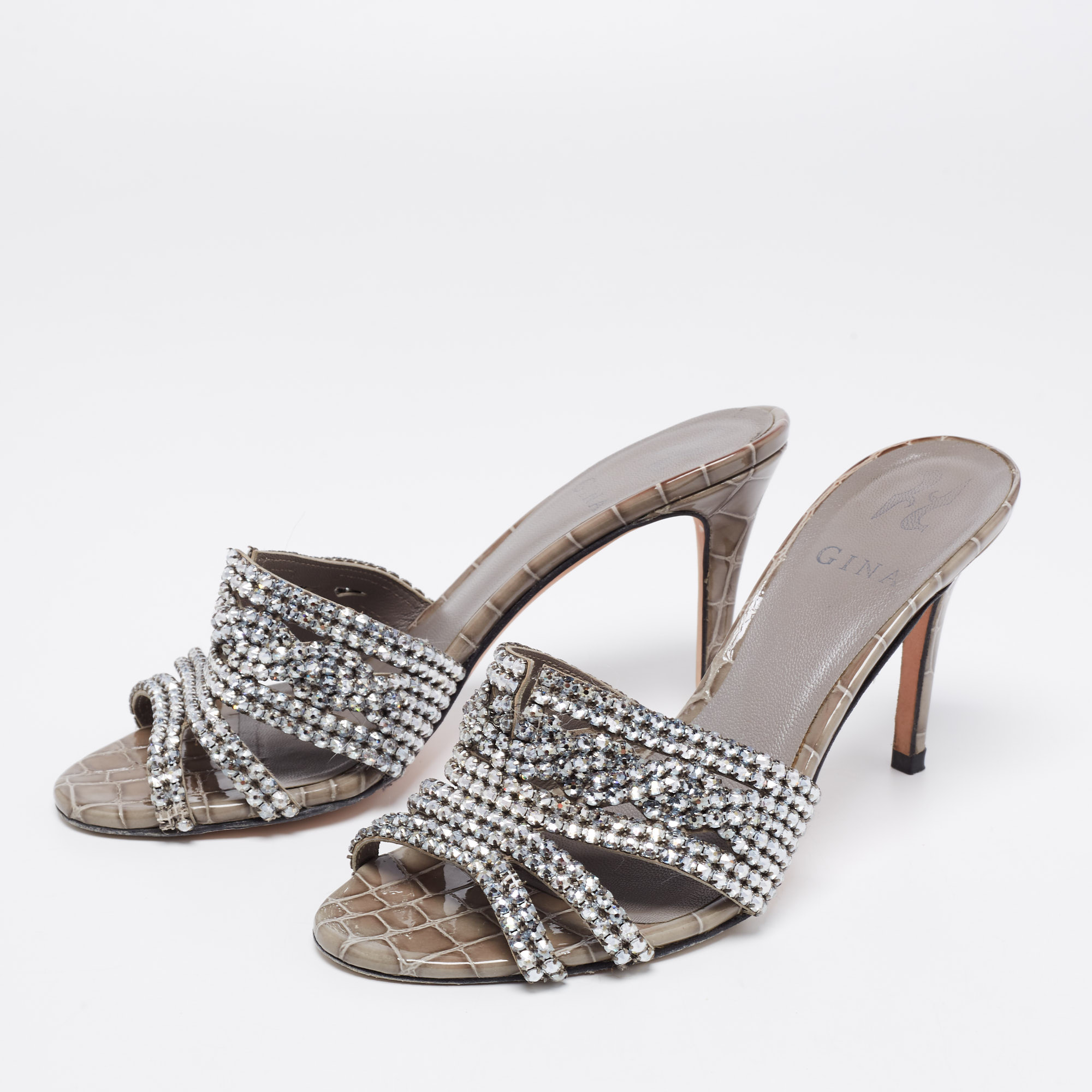 

Gina Grey Croc Embossed Leather Crystal Embellished Slide Sandals Size