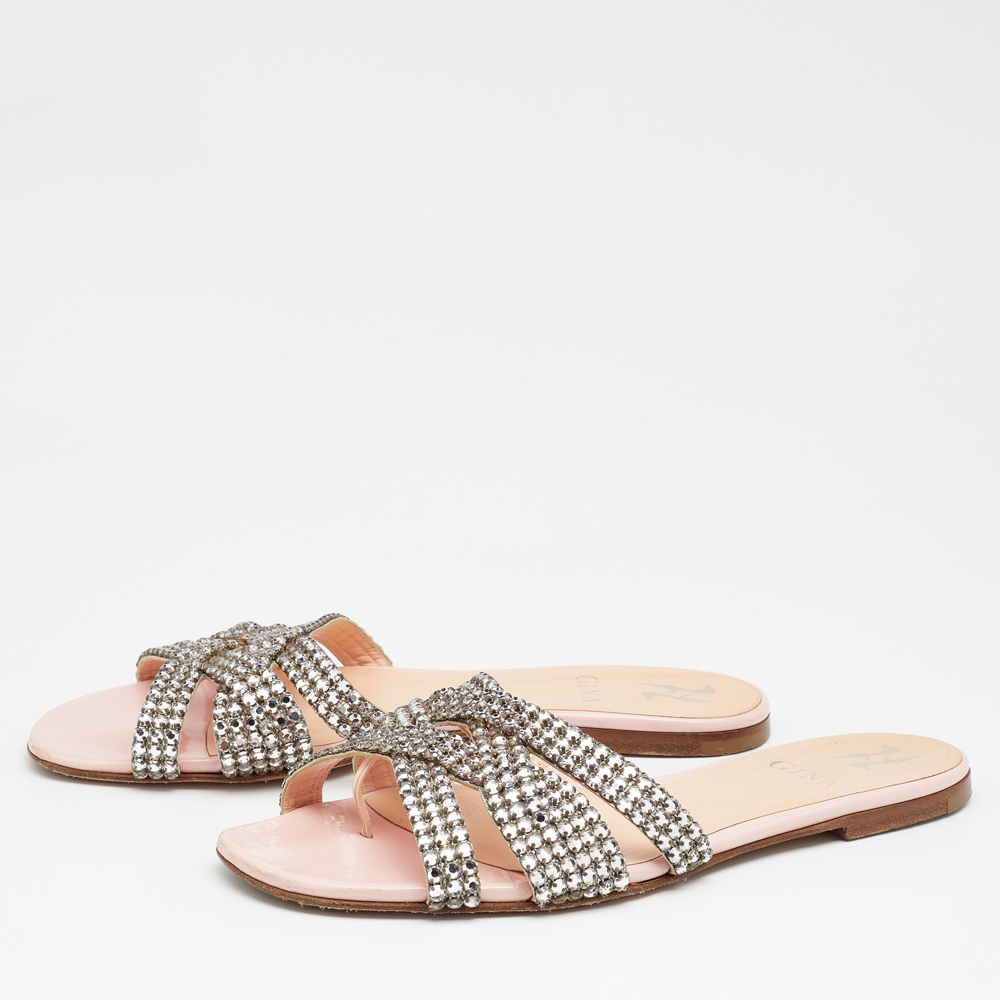 

Gina Silver/Pink Leather Crystal Embellished Flat Slides Size