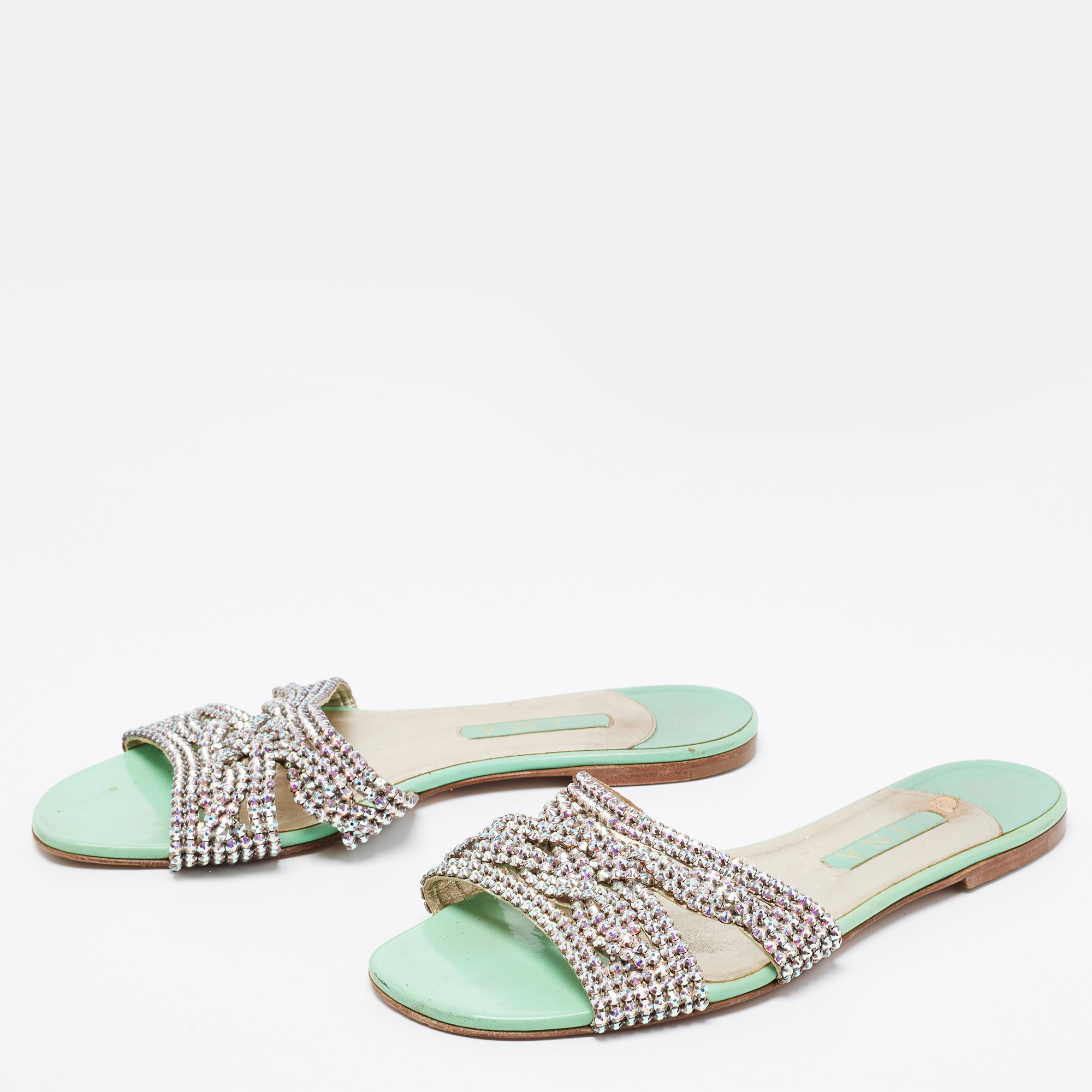 

Gina Mint Green Crystal Embellished Leather Flat Slides Size