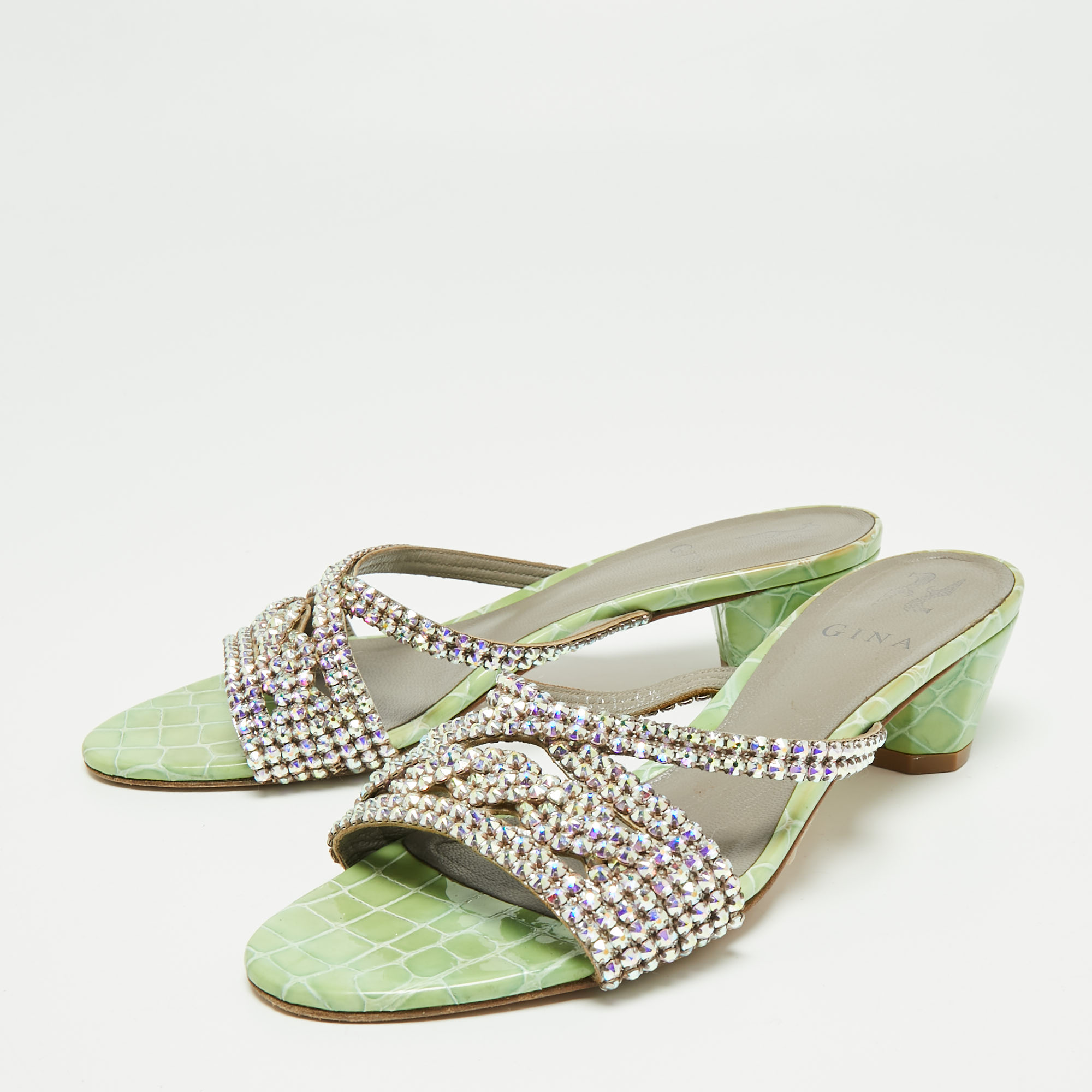 

Gina Green/Purple Croc Embossed Patent Leather Crystal Embellished Slide Sandals Size