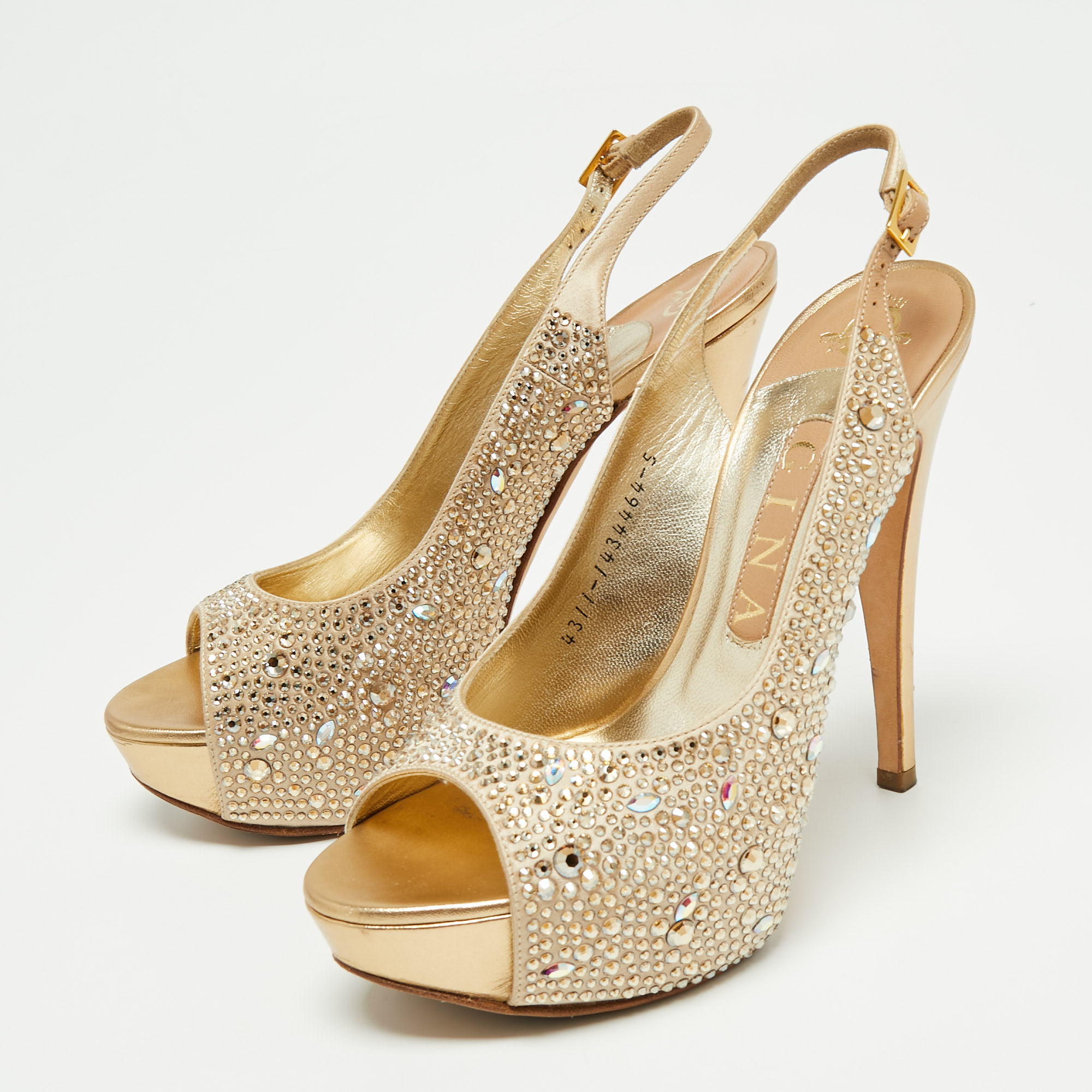 

Gina Gold Crystal Embellished Satin Open-Toe Slingback Sandals Size