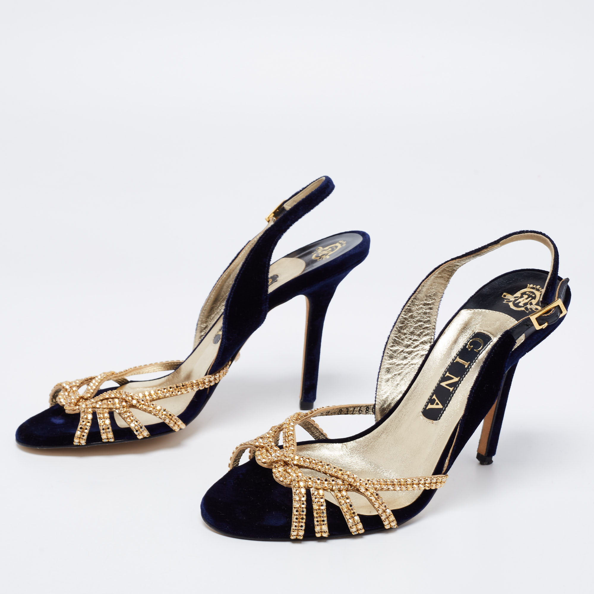 

Gina Navy Blue/Gold Velvet Crystal Embellished Slingback Sandals Size