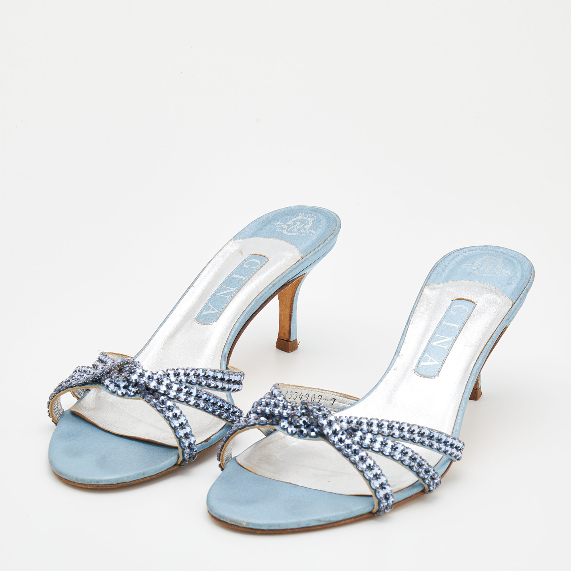 

Gina Light Blue Crystal Embellished Leather Strappy Slides Sandals Size