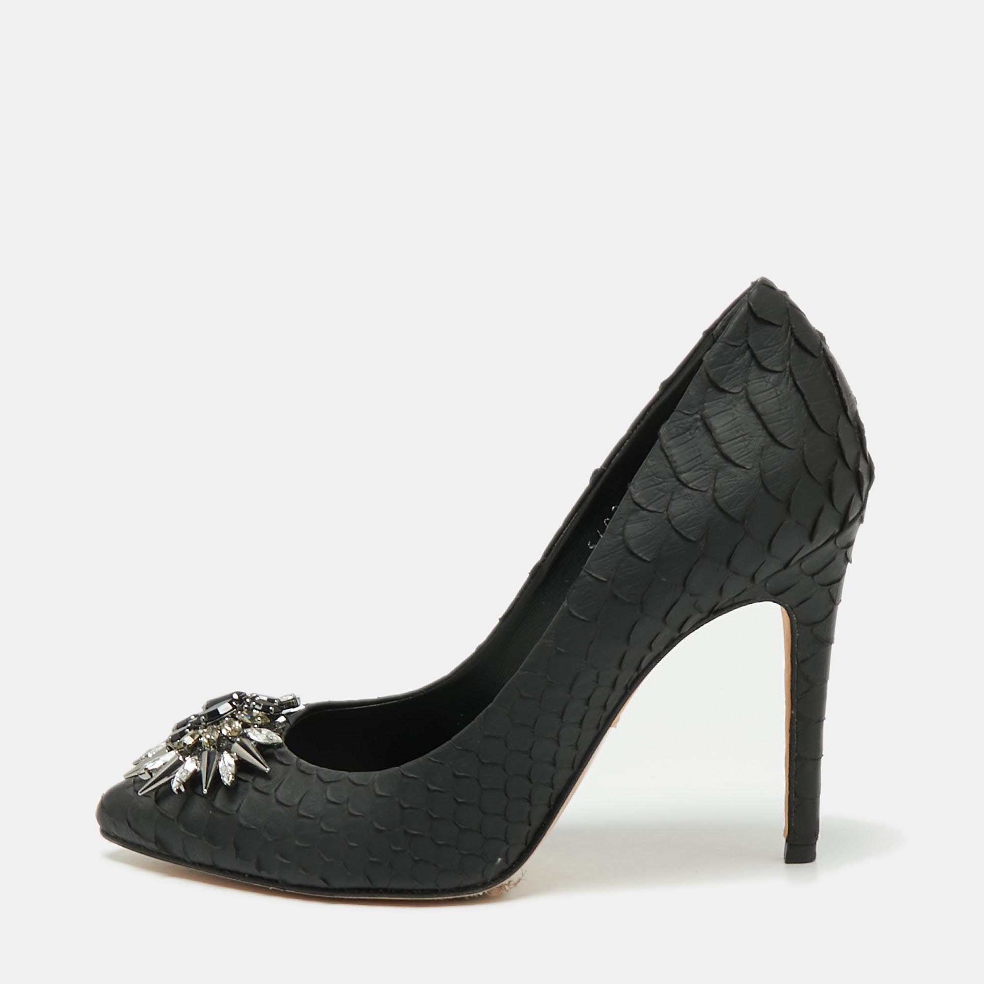 Pre Owned حذاء كعب عالي جينا جلد ثعبان أسود مزخرف كريستال مقاس 37