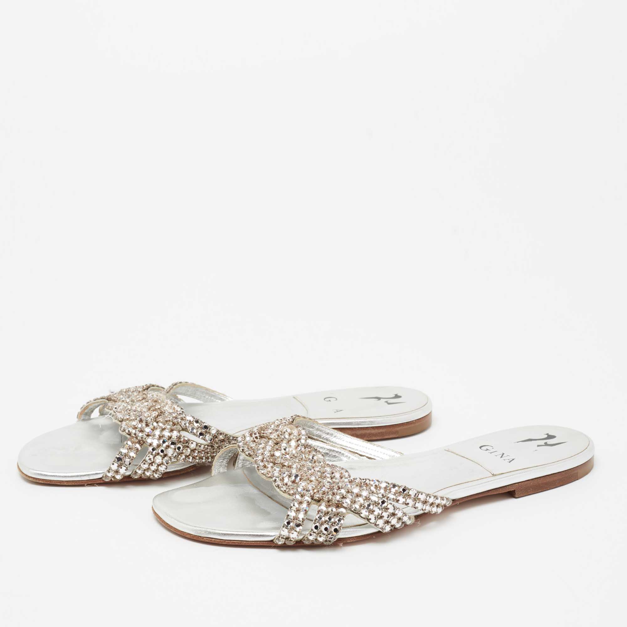 

Gina Silver Crystal Embellished Leather Flat Slides Size