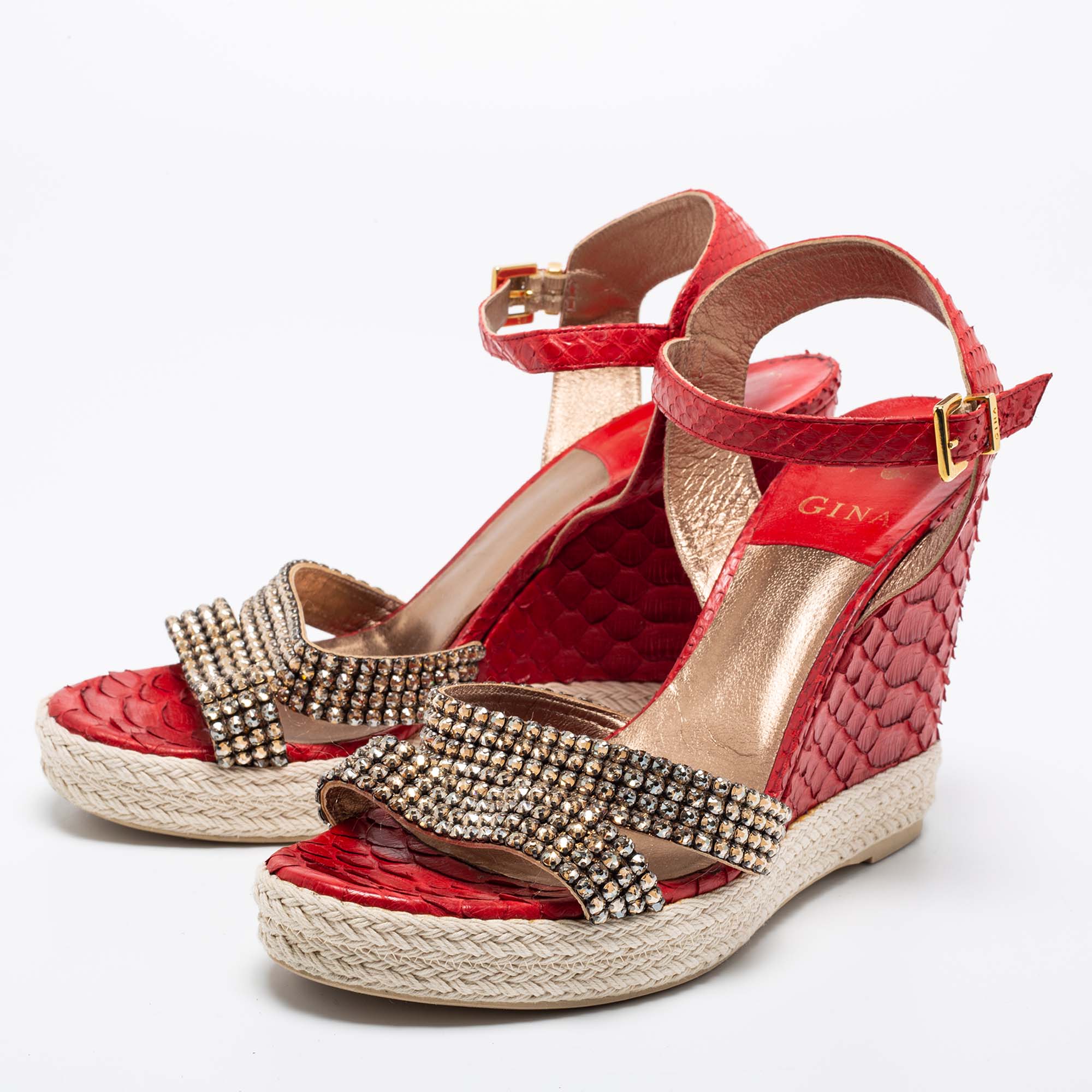 

Gina Red Python Leather Crystal Embellished Wedge Platform Ankle-Strap Sandals Size