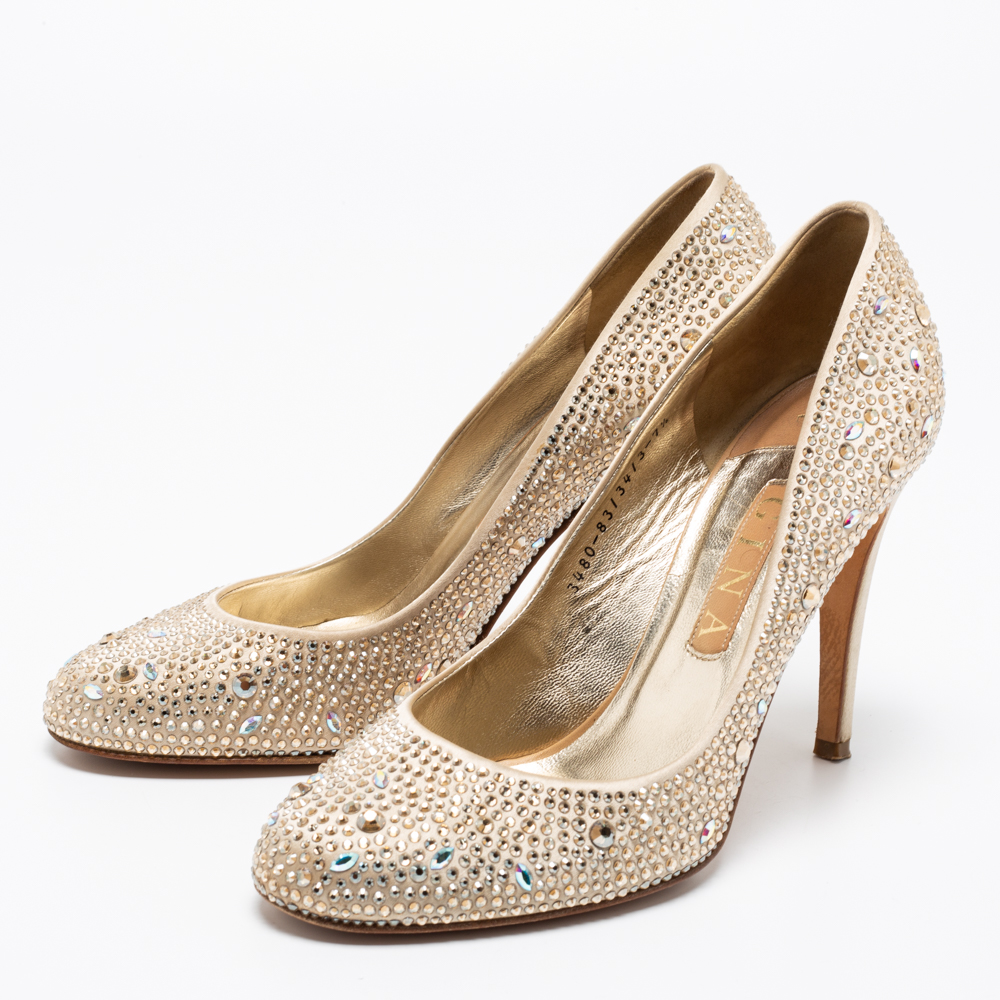 

Gina Gold Satin Crystal Embellished Pumps Size