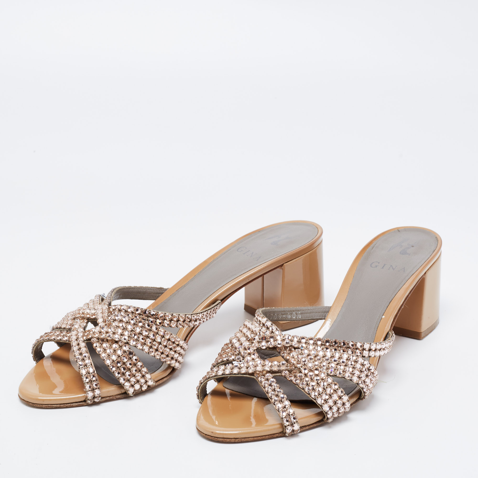 

Gina Beige Crystal Embellished Leather Slide Sandals Size