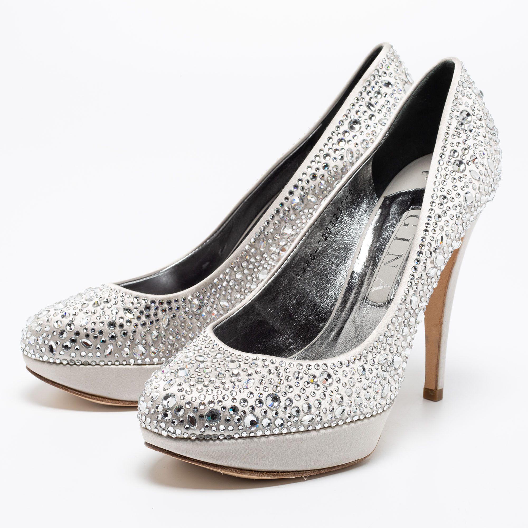 

Gina Silver Crystal Embellished Satin Platform Pumps Size