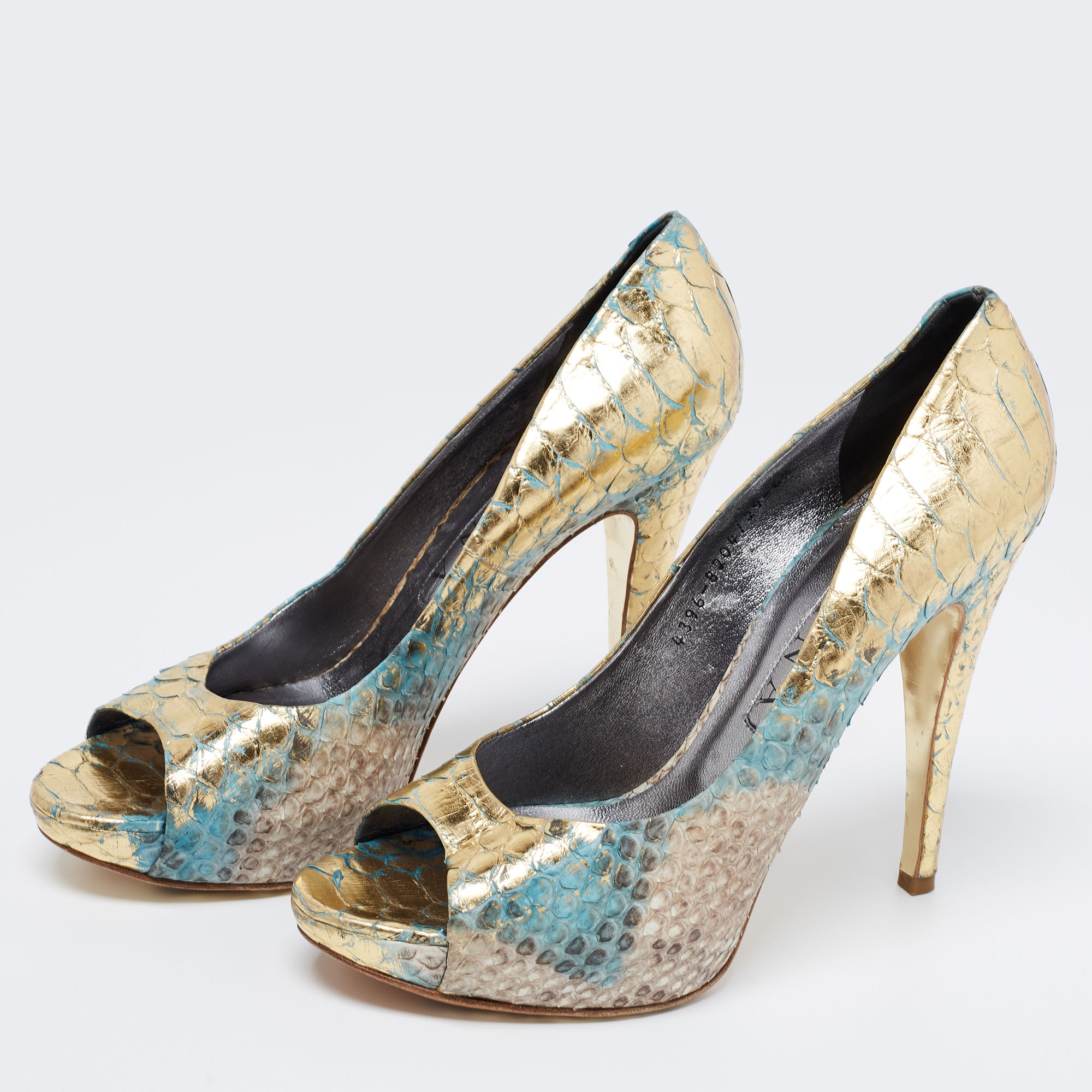 

Gina Multicolor Python Leather Peep Toe Platform Pumps Size