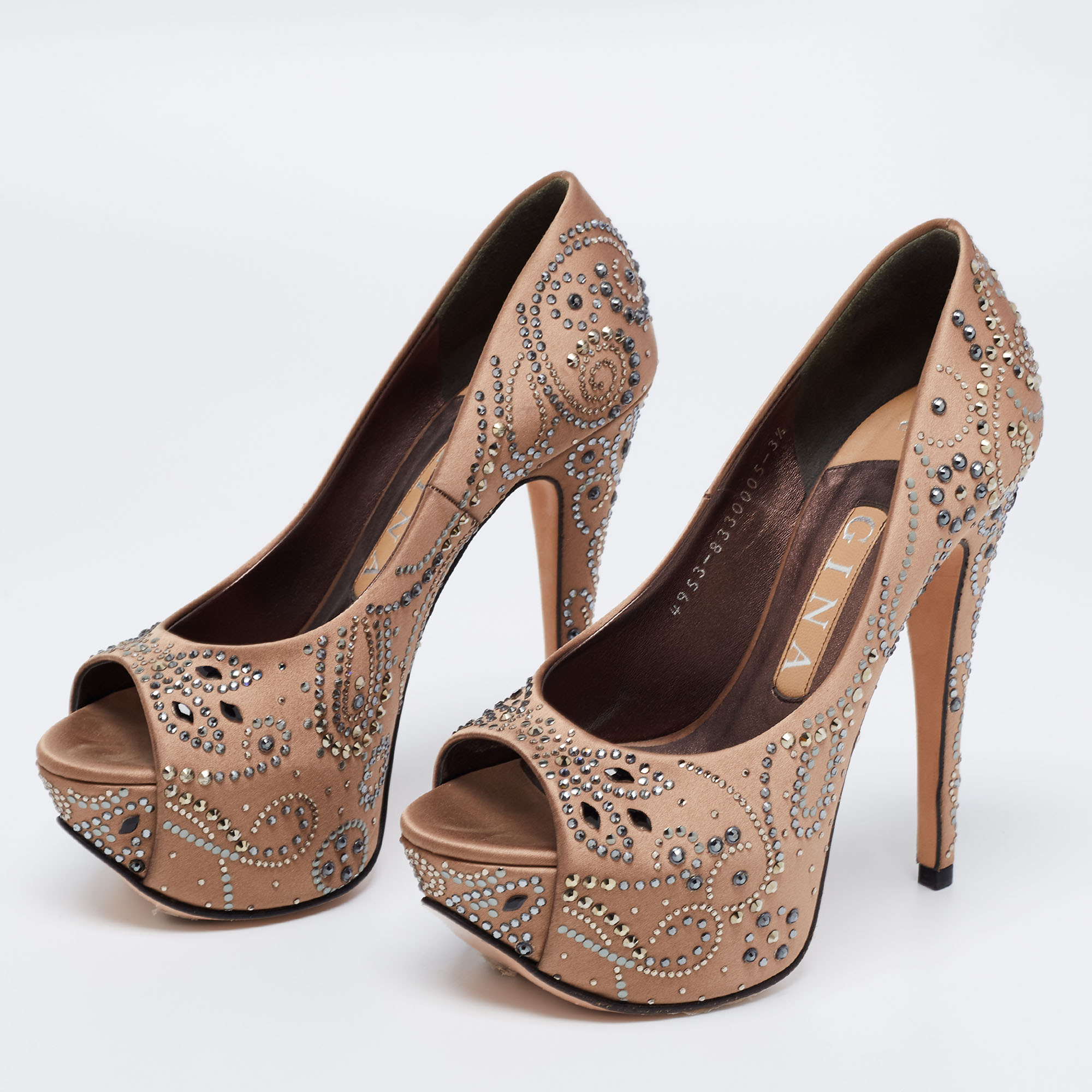 

Gina Light Brown Satin Crystal Embellished Peep-Toe Platform Pumps Size